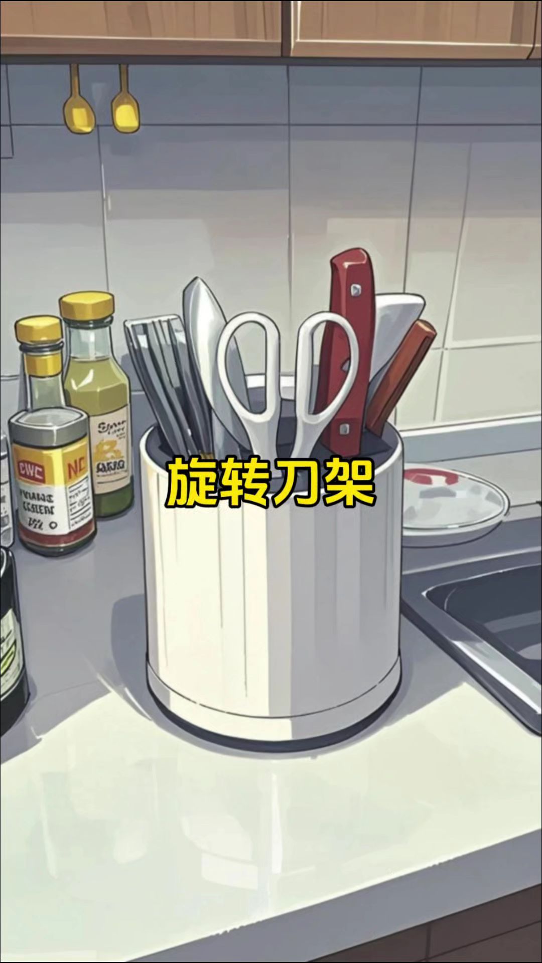 也是一个筷子筒，收纳刀具筷子勺子叉子，底部是沥水盘，可旋转拿取也很方便