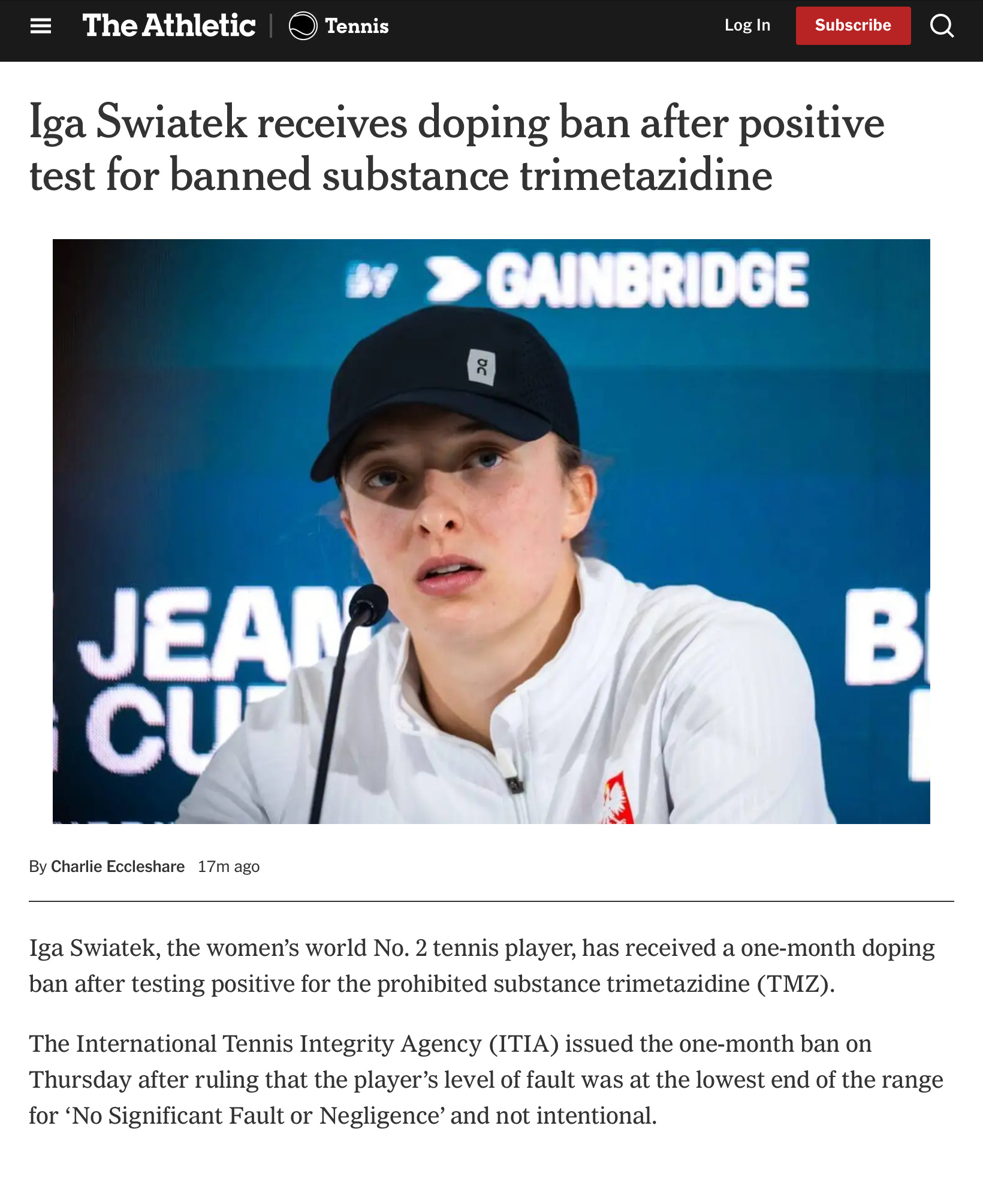斯瓦泰克兴奋剂阳性  Breaking news，网球女单世界第二斯瓦泰克被检测