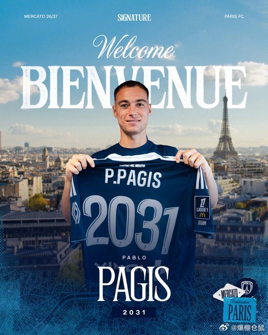 【官方】巴黎FC签下23岁的洛里昂前锋帕吉（Pablo Pagis），据悉转会费