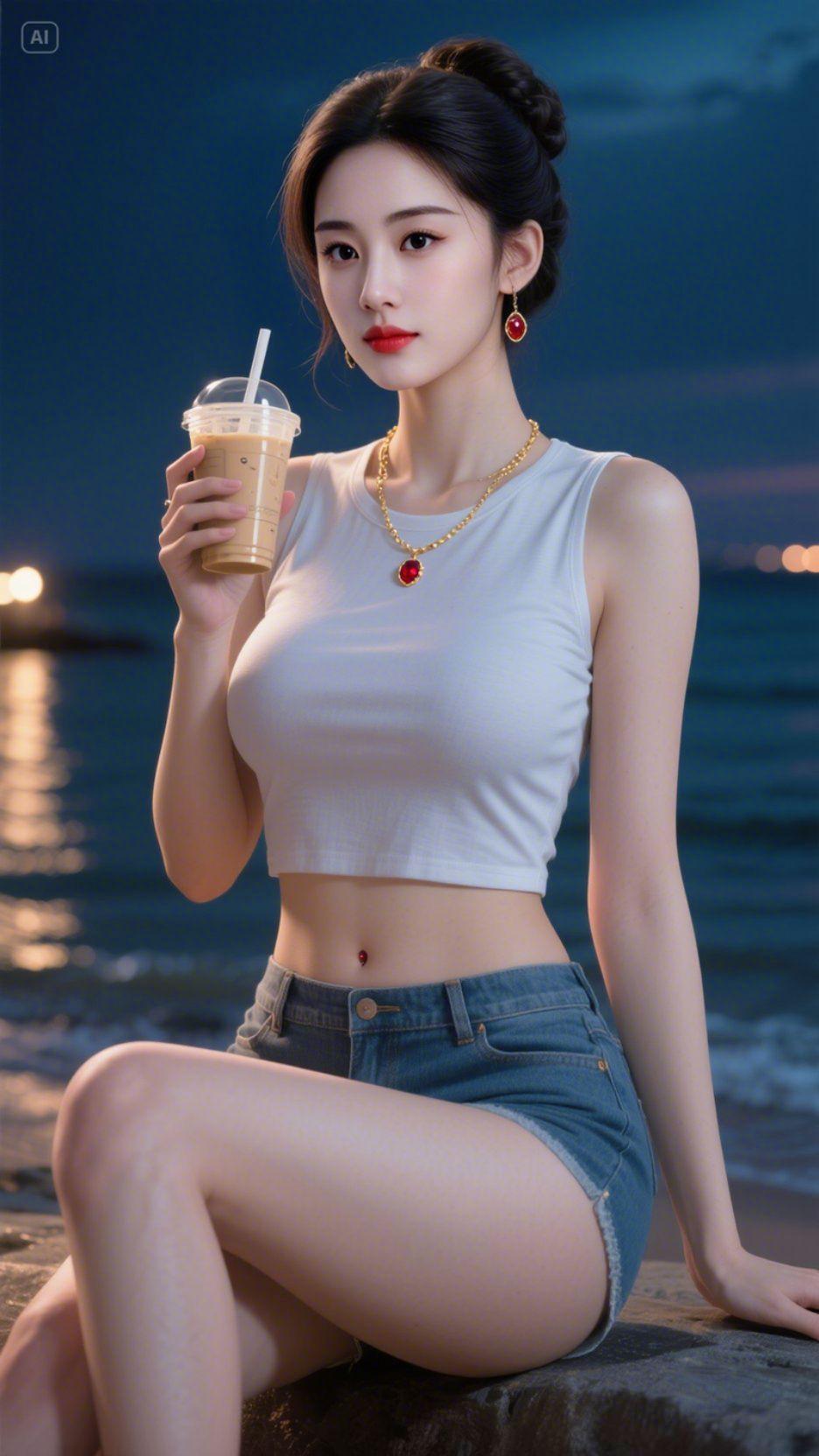 吹着海边的晚风，手里捧着超爱的珍珠奶茶，这一刻真的太惬意啦~简单的白T...