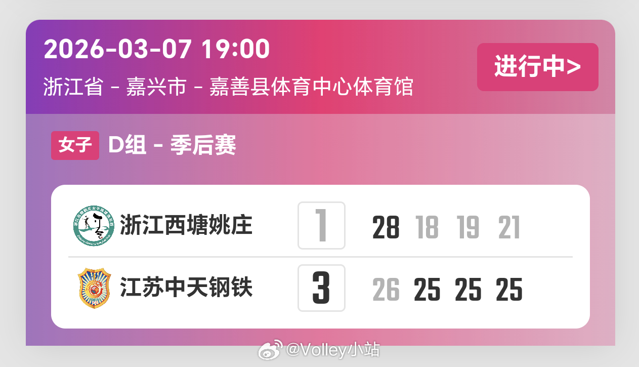 2025-2026赛季中国女子排球超级联赛季后赛第4轮，浙江女排1比3江苏女排（