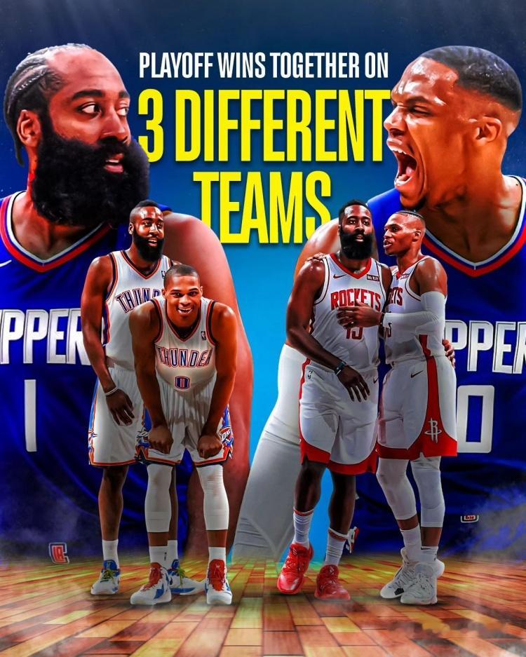 二哥三弟！哈登与威少已联手在3支不同的球队拿下季后赛胜利二哥:当年你走后，就剩我