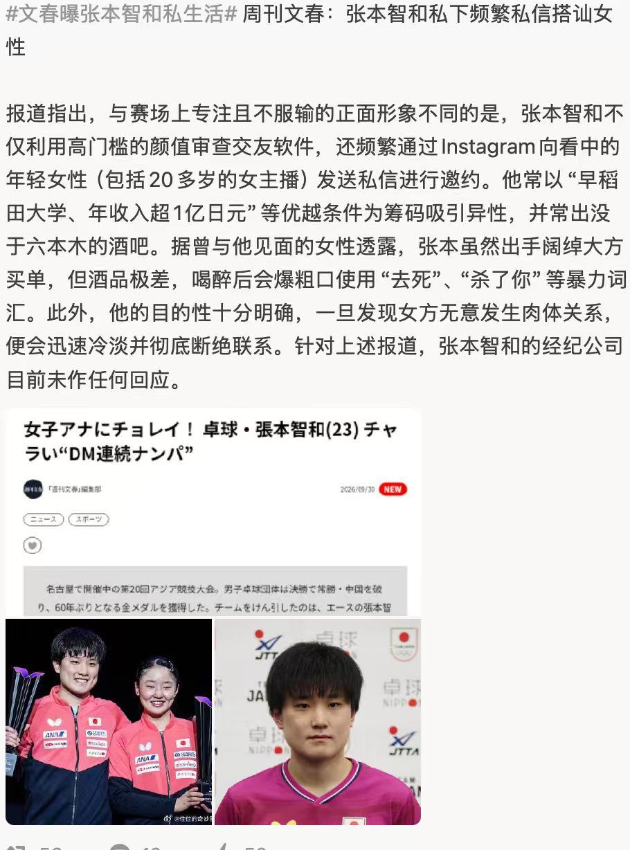日媒爆出争议新闻！张本智和赛场内外反差引讨论

名古屋亚运会赛场，张本智和展现出