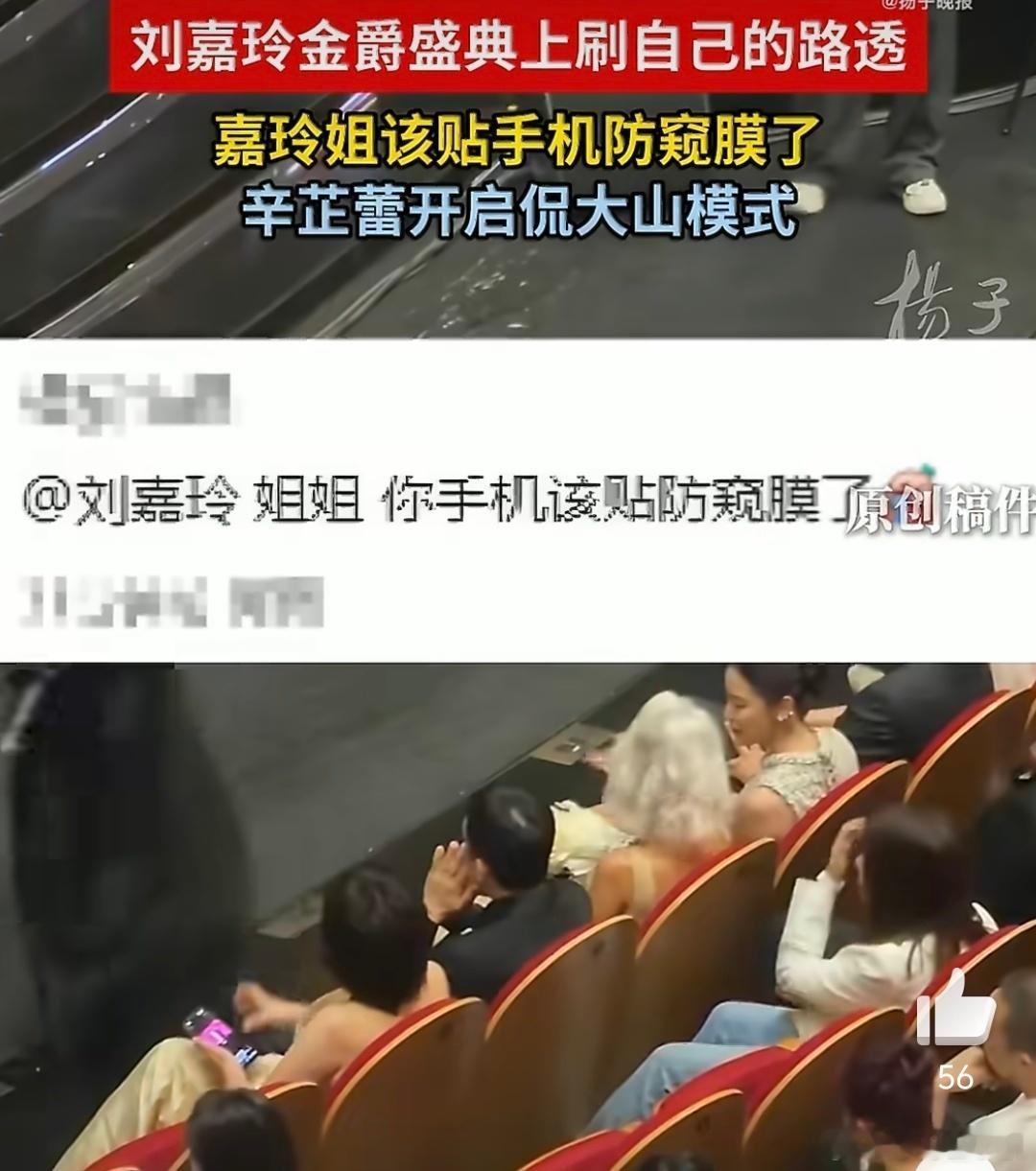 嘉玲姐该贴手机防窥膜了哈哈哈坐在前排就是容易被后面看见，贴个防窥膜，或者换个三星