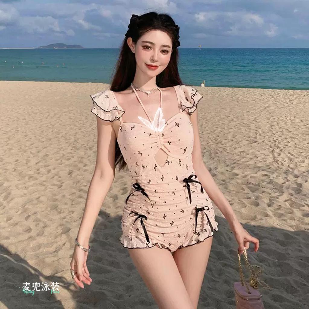 温泉甜美粉蝴蝶结显瘦气质仙女范泳装度假风泳装美女 海滩泳池比基尼 紫色比基尼穿搭