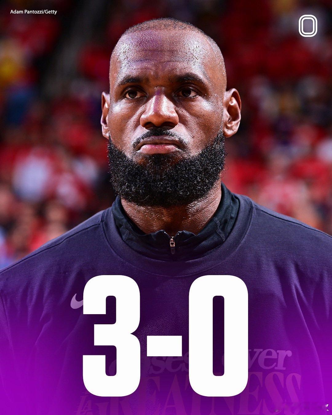 谁能想到，湖人3-0领先火箭，成为季后赛第一组3-0领先的系列赛。詹姆斯三分绝平