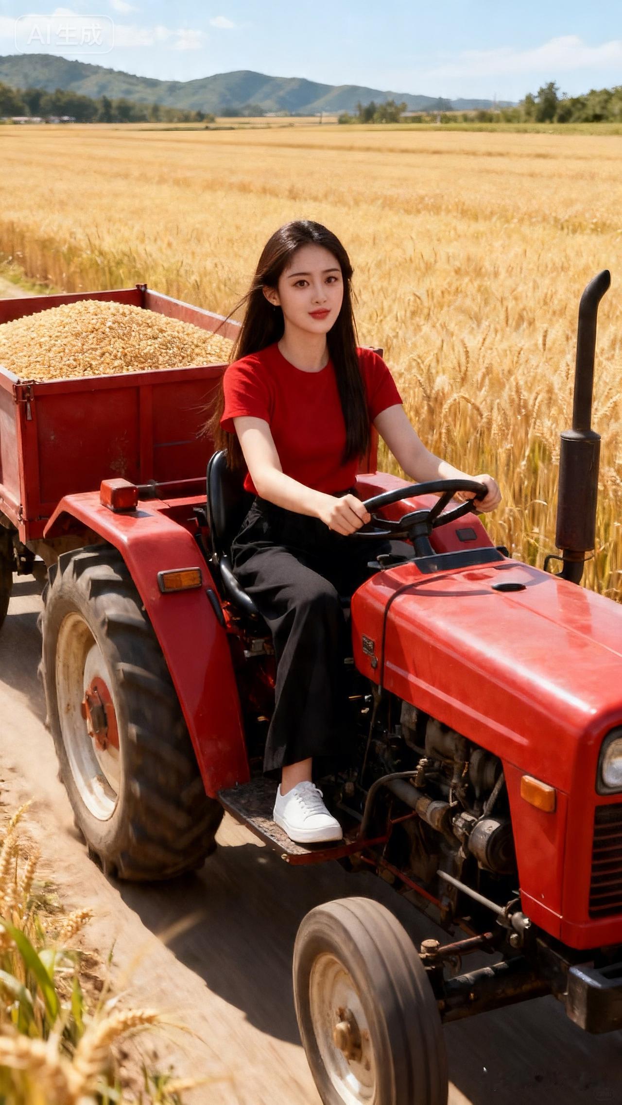驾驶红色拖拉机，驰骋在金黄麦田，感受田园的自由与美好。🌾🚜🌼