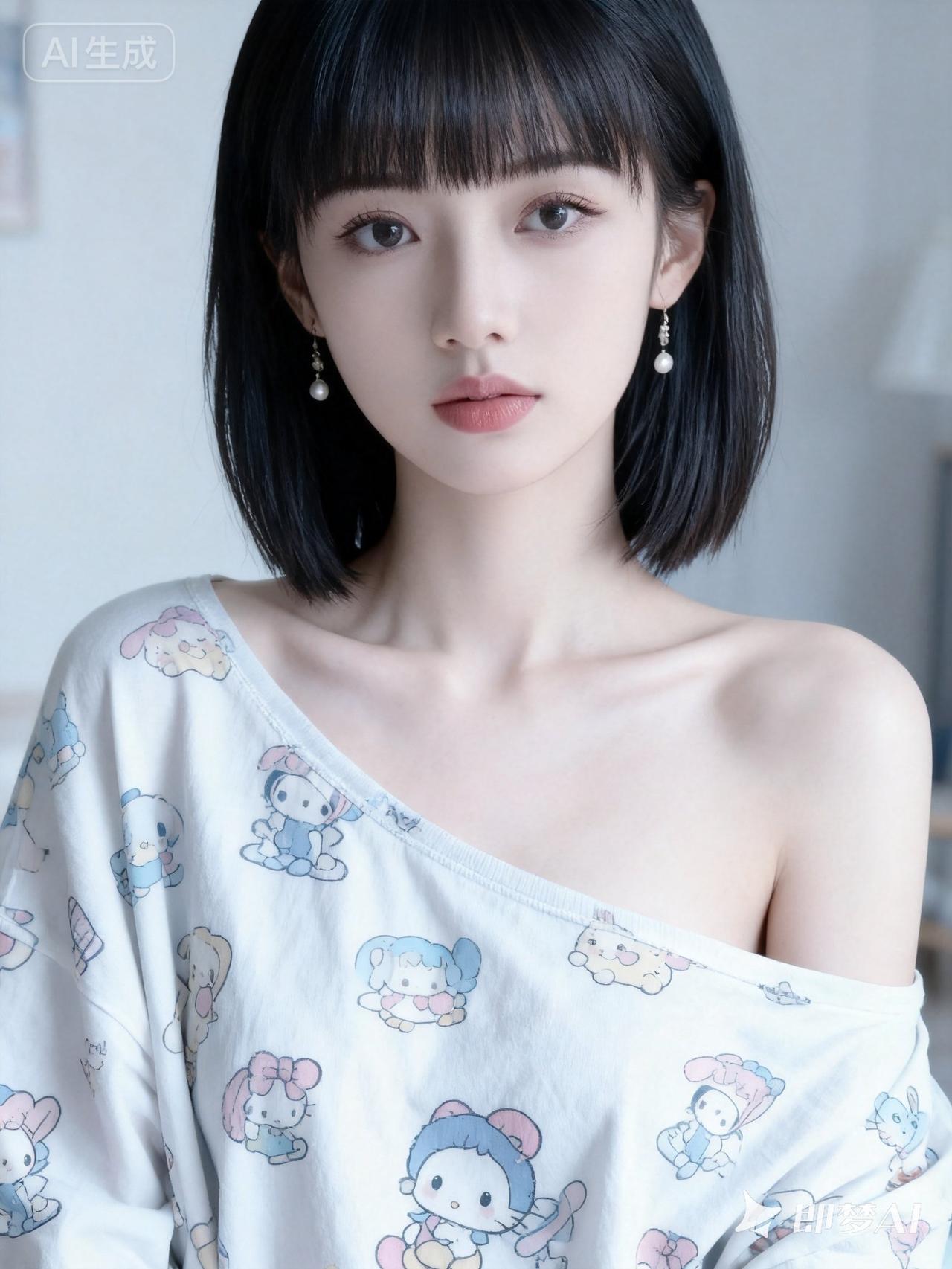 甜美少女风，可爱卡通印花，清新自然妆容，温柔动人。