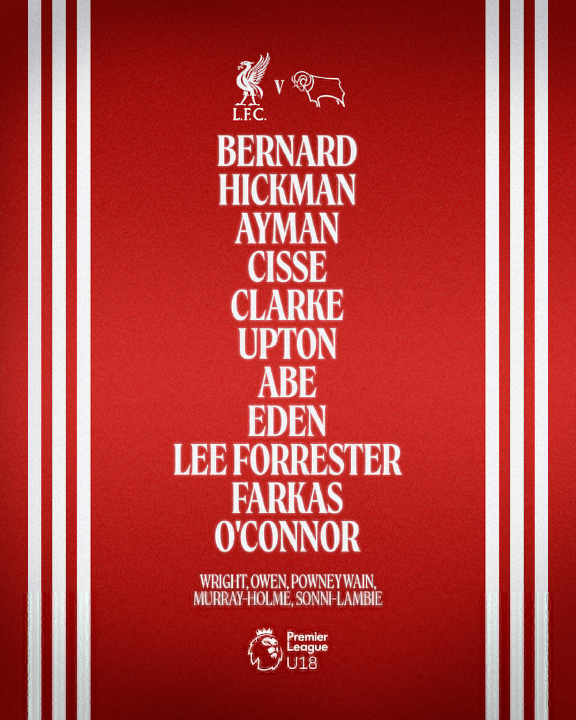 利物浦青训 小西塞复出，桑尼兰比替补，为下周二U19前往斯洛伐克的淘汰赛留力 