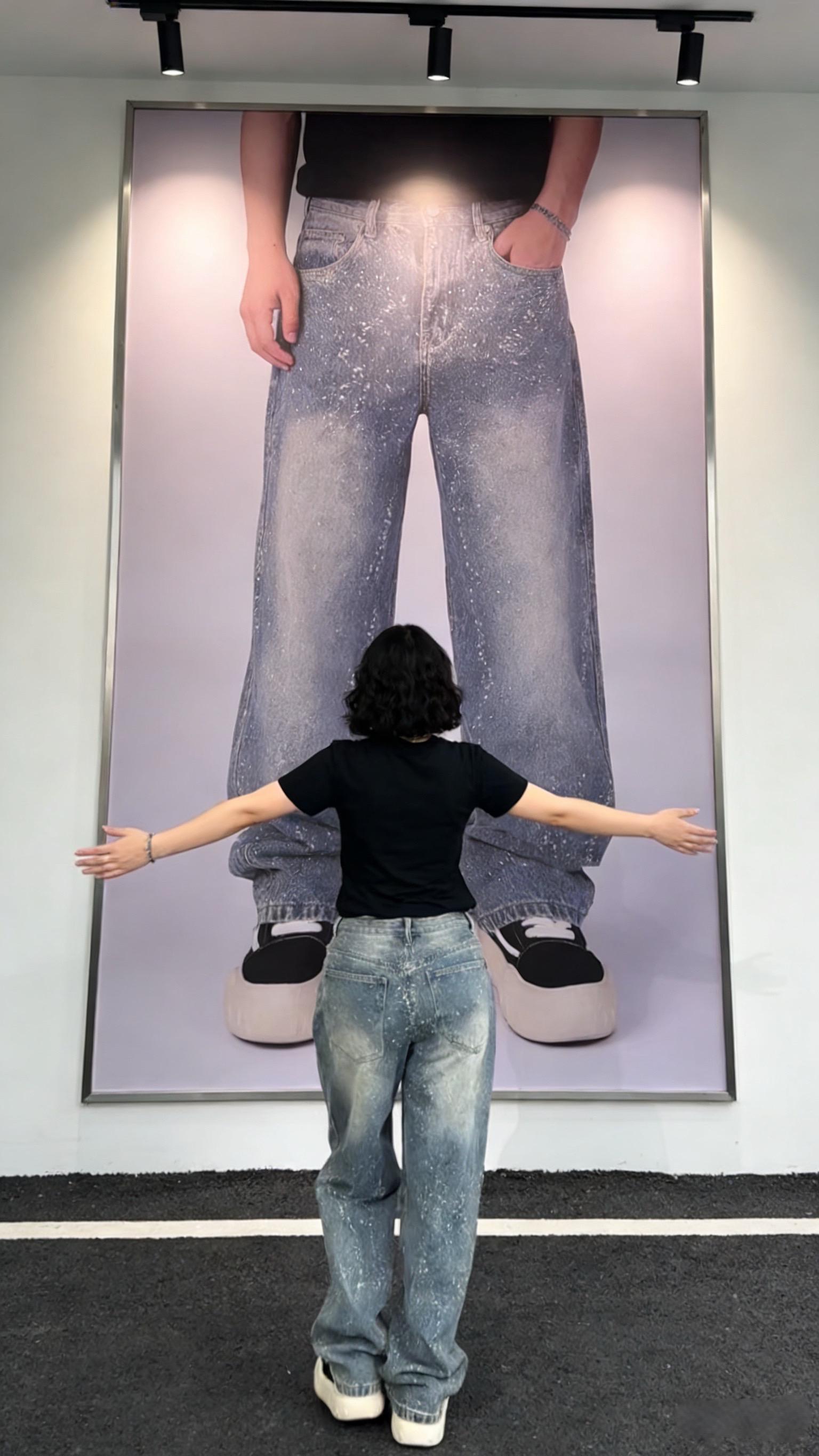 巴黎潮牌男士宽松直筒牛仔裤烫钻印花复古高街设计感亮片阔腿长裤