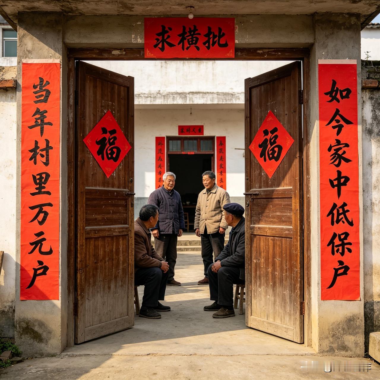 上联：当年村里万元户
下联：如今家中低保户
 
这副联对比鲜明，藏着时光流转里的