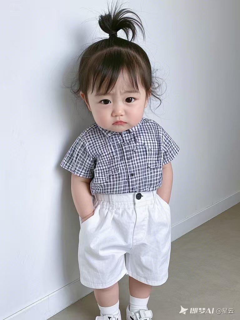 瞧瞧这个小宝贝，穿着格子衫和白色短裤站在那儿，小模样认真得很，好像真在思考什么大