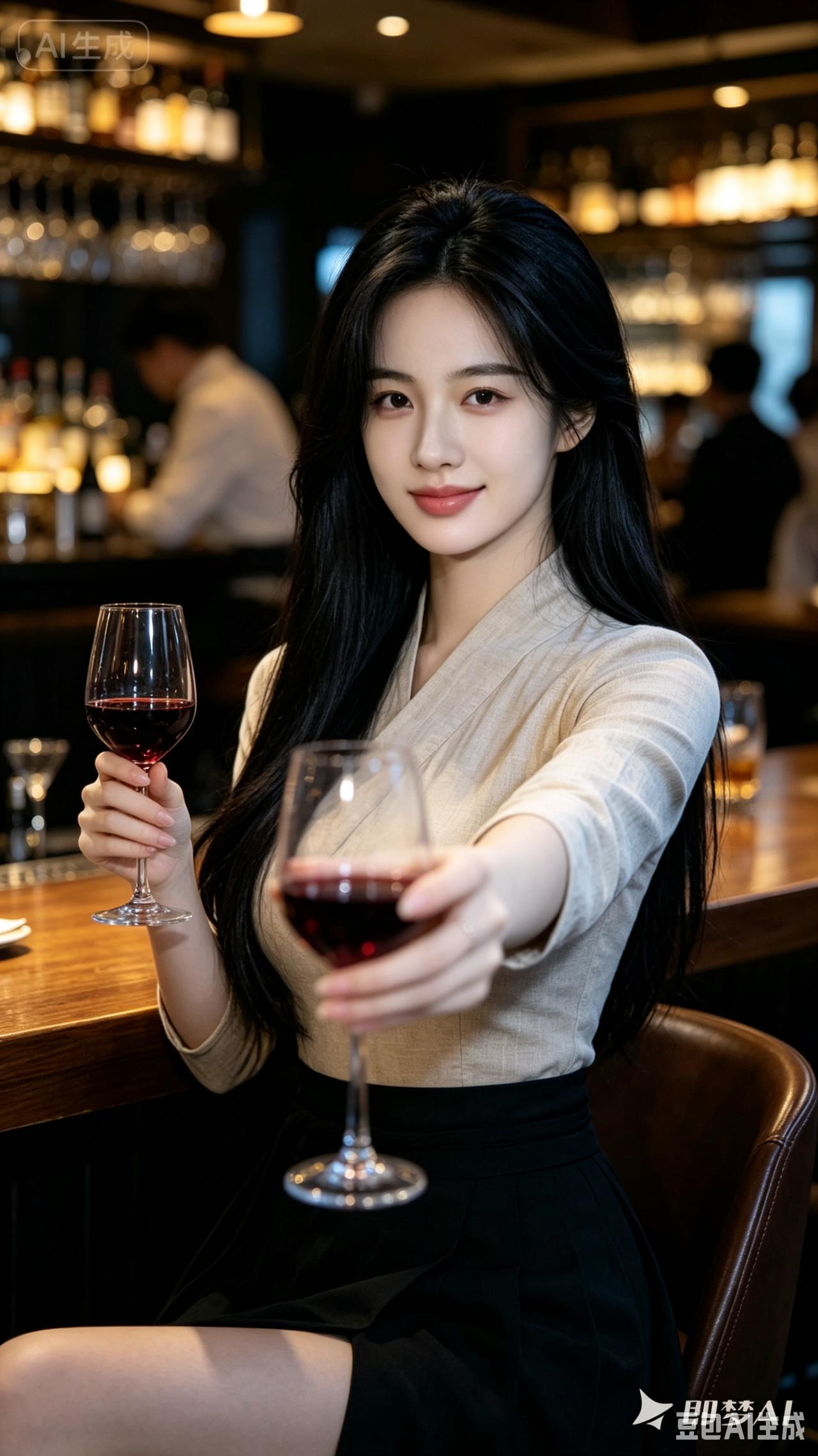 一个女孩在酒吧里微笑着举杯。