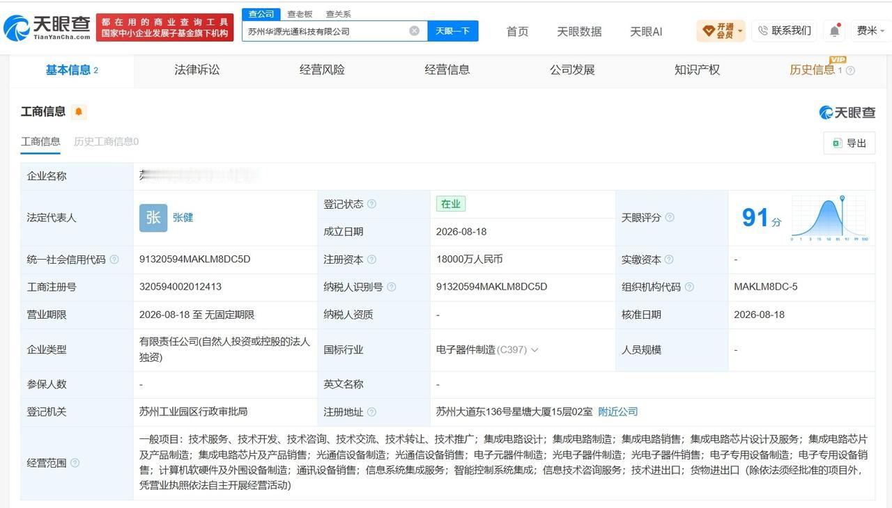 【华源控股在苏州成立光通科技公司 注册资本1.8亿】
天眼查App显示，近日，苏