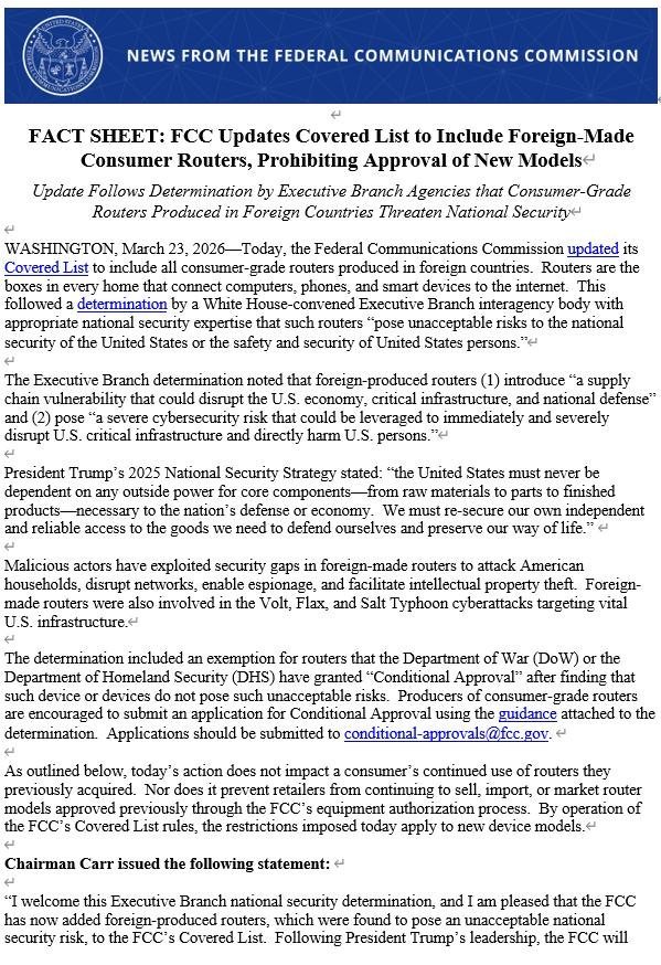突发：美国宣布全面封杀中国生产的 路由器！！美国联邦通信委员会FCC在当地时间3