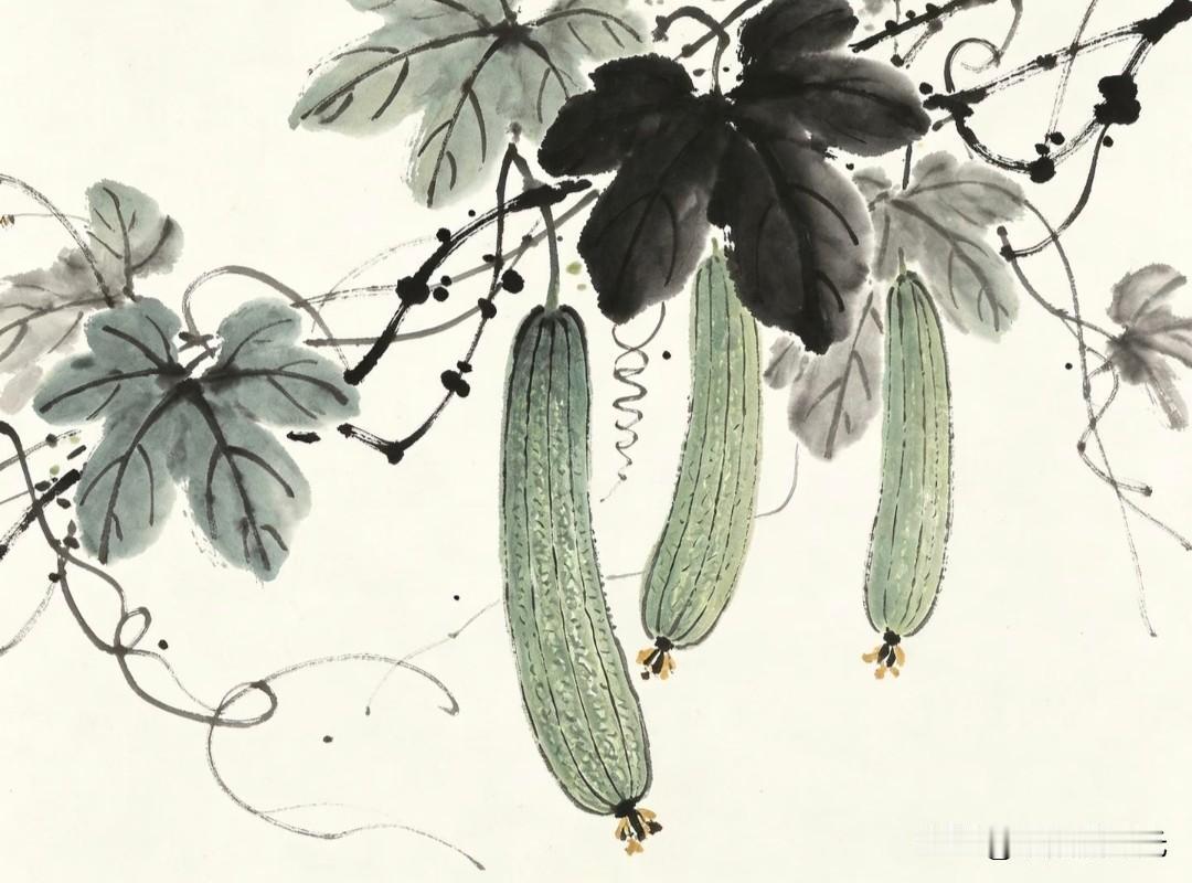清新淡雅的国画风格，绿意盎然的丝瓜藤蔓，
自然之美尽收眼底。
小画拾光写意丝瓜临