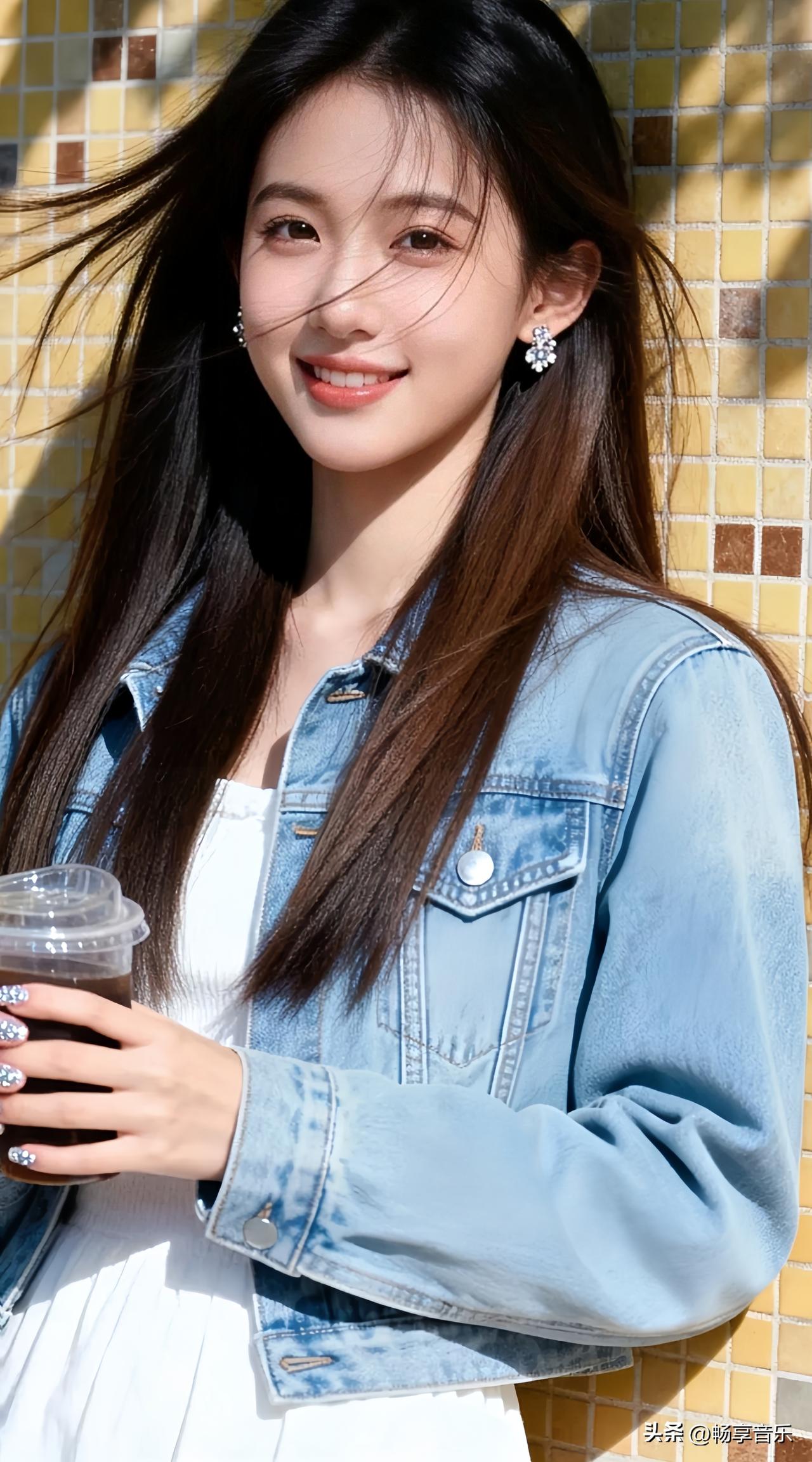 阳光明媚的午后，少女轻抚发丝，手持咖啡，微笑如花。分享生活随手拍 手机随手拍 记