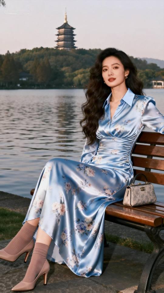身穿浅蓝色花连衣裙西湖女游客。连衣裙 美女壁纸