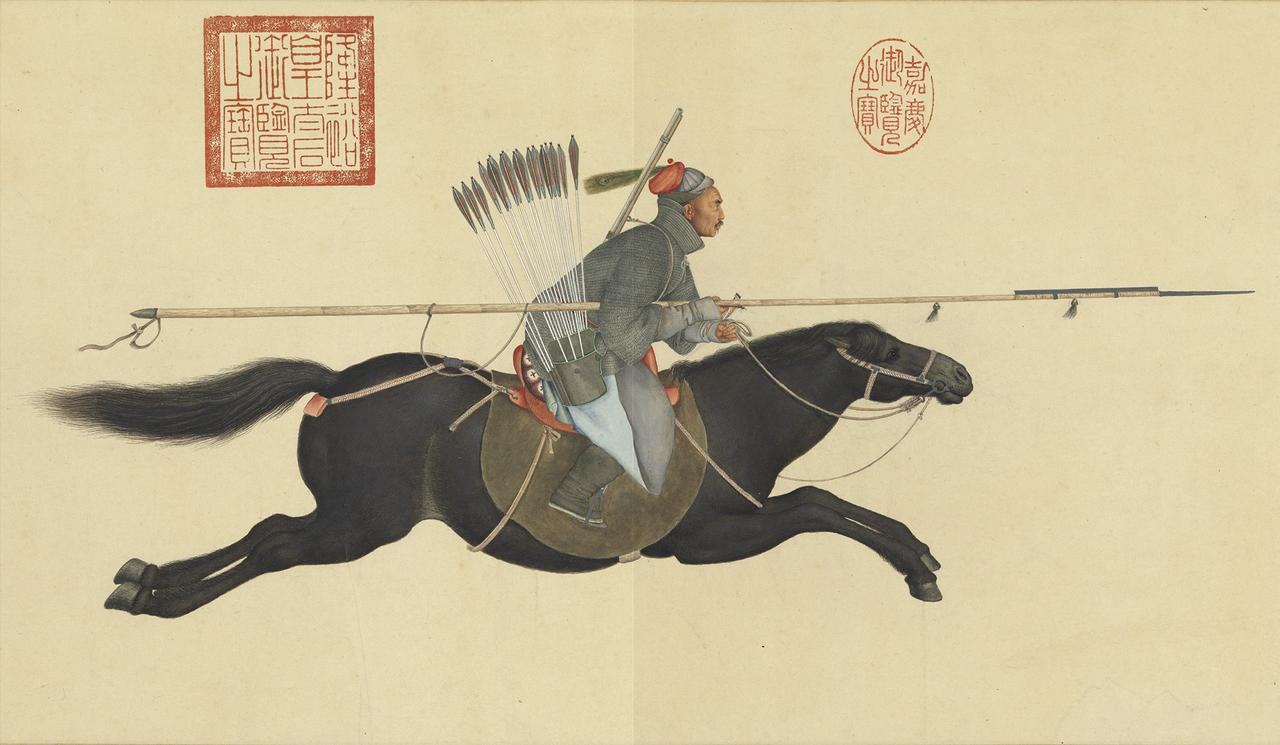 郎世宁的纸本设色作品《阿玉锡持矛荡寇图》局部。
朱塞佩·卡斯蒂廖内（意大利语：G