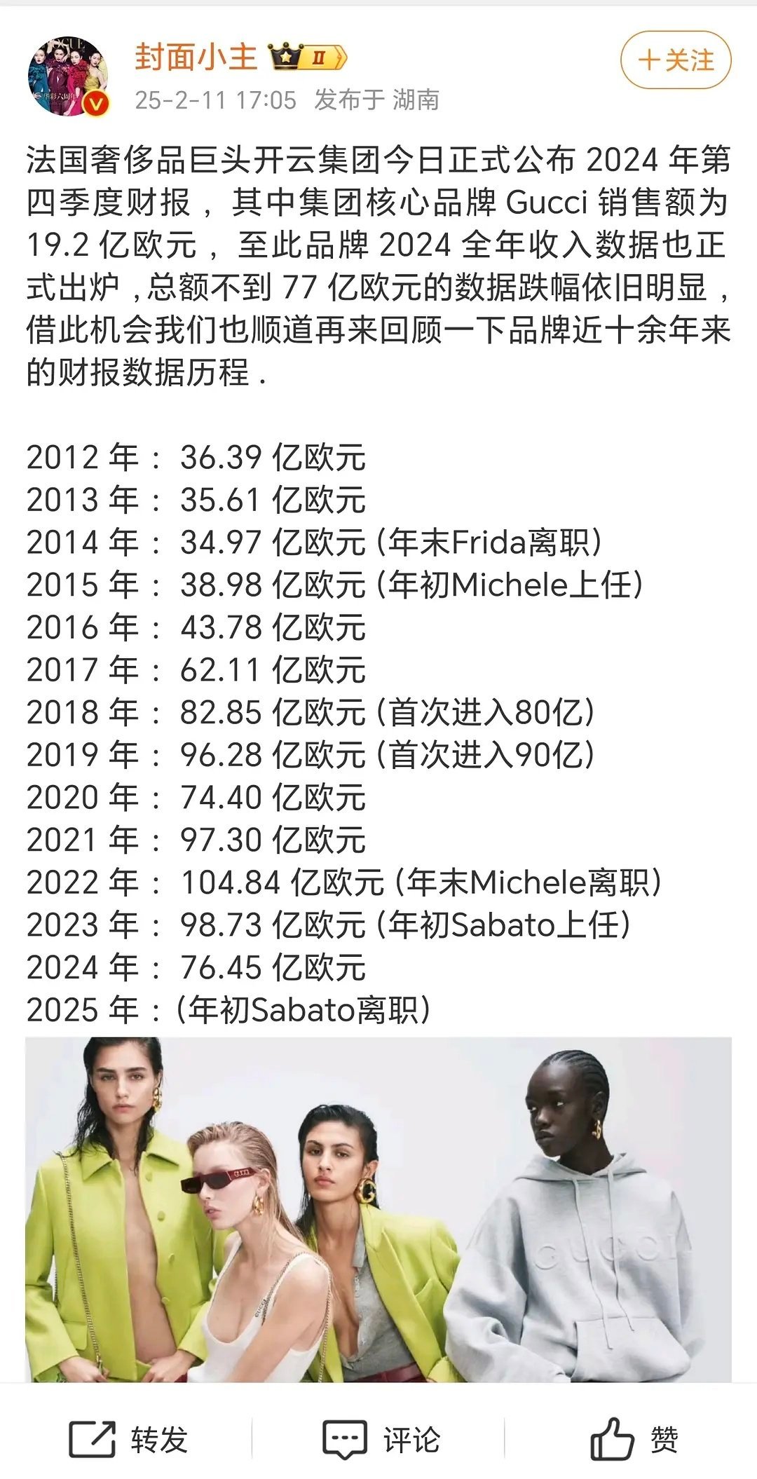 无人在意的角落，gucci2024年财报出来了大跌20亿+，已被踢出百亿俱乐部！