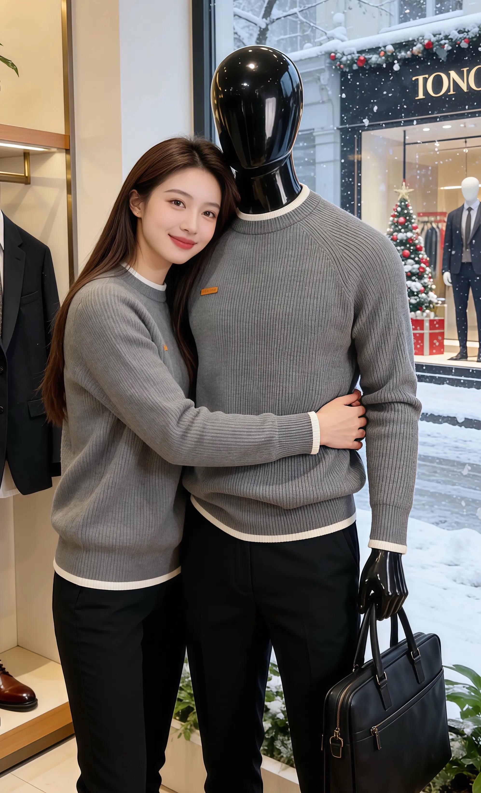 雪粒落在商圈的石板路上时，皓明撞见晚瑜。她的灰色竖坑条针织衫，白边撞色...