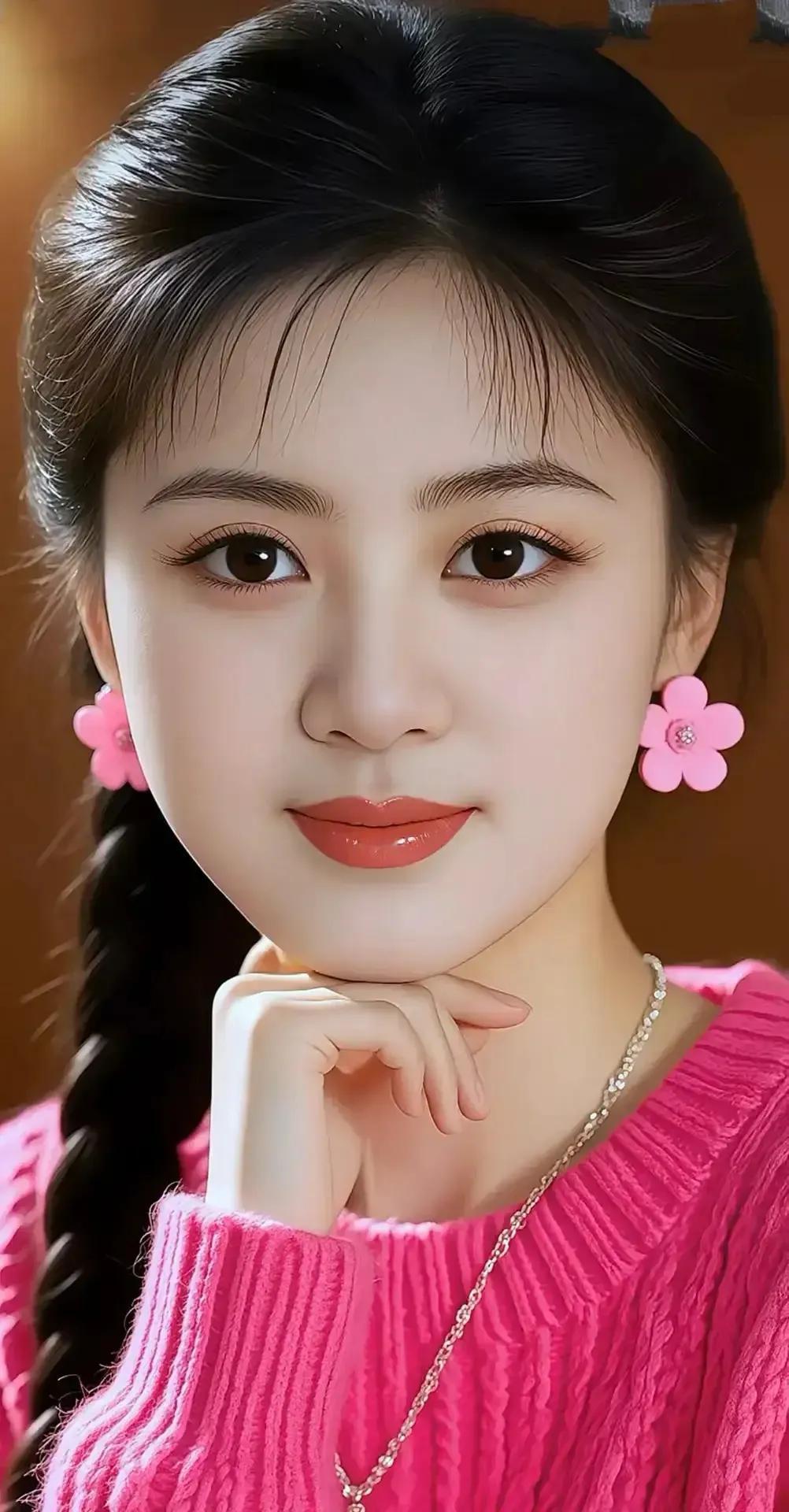 甜美少女风，粉色毛衣搭配花耳环，温柔可人！💖🌸💕