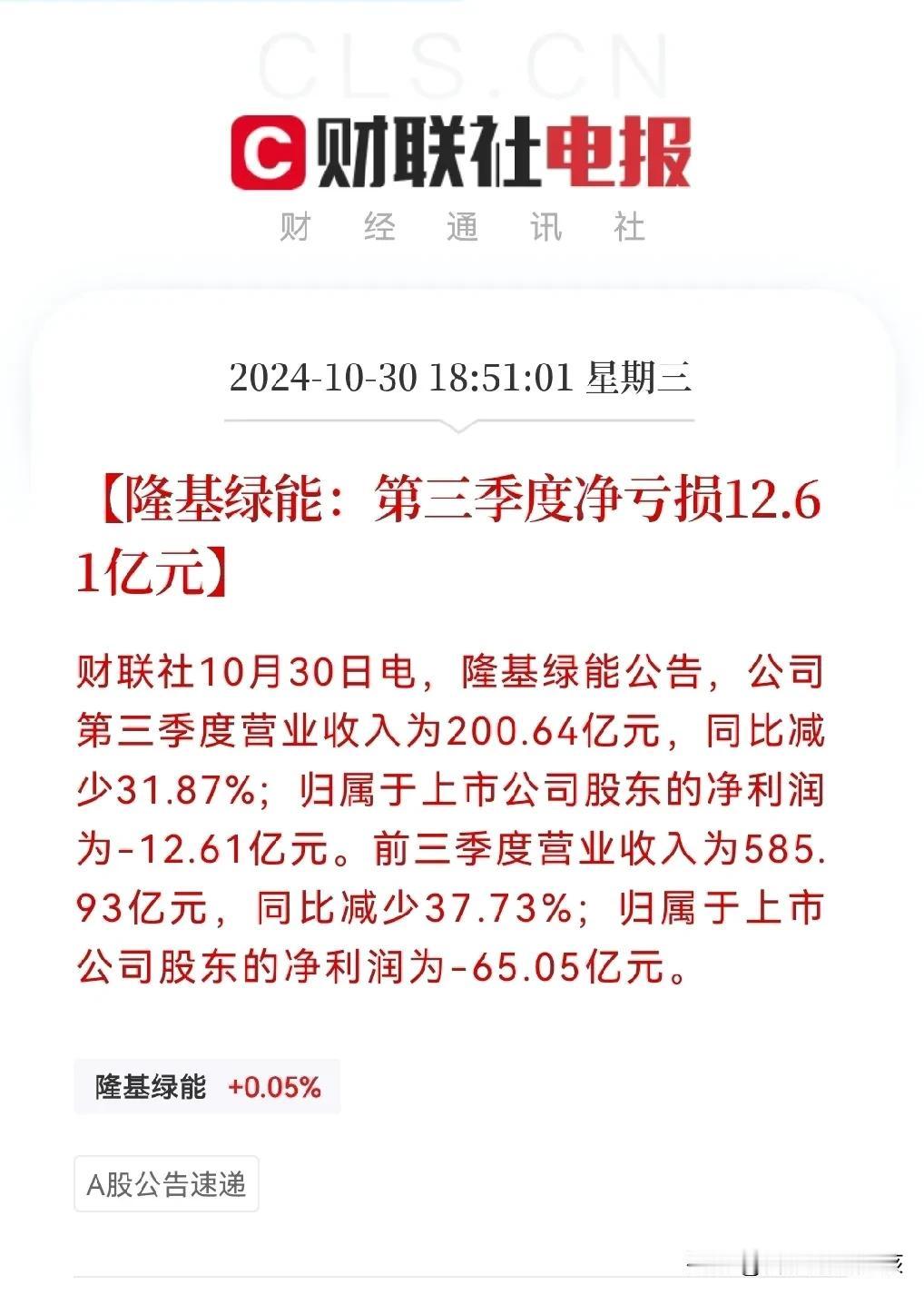 重大利空
感觉再多的利好也救不了隆基绿能
就在晚间6点51分，隆基绿能发布了三季
