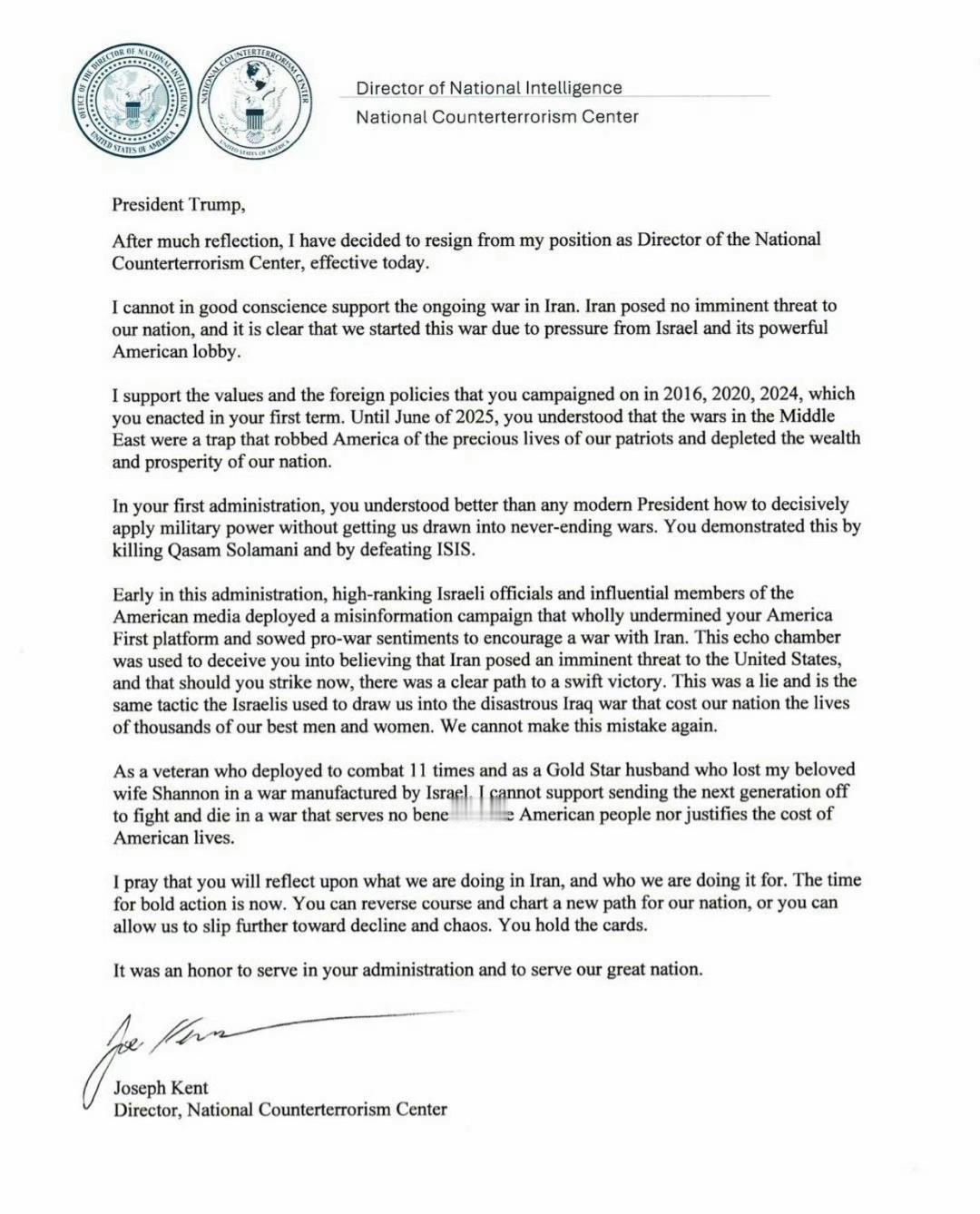 伊朗对美国并未构成紧迫的威胁

美国国家反恐中心主任约瑟夫·肯特因美国对伊朗发动