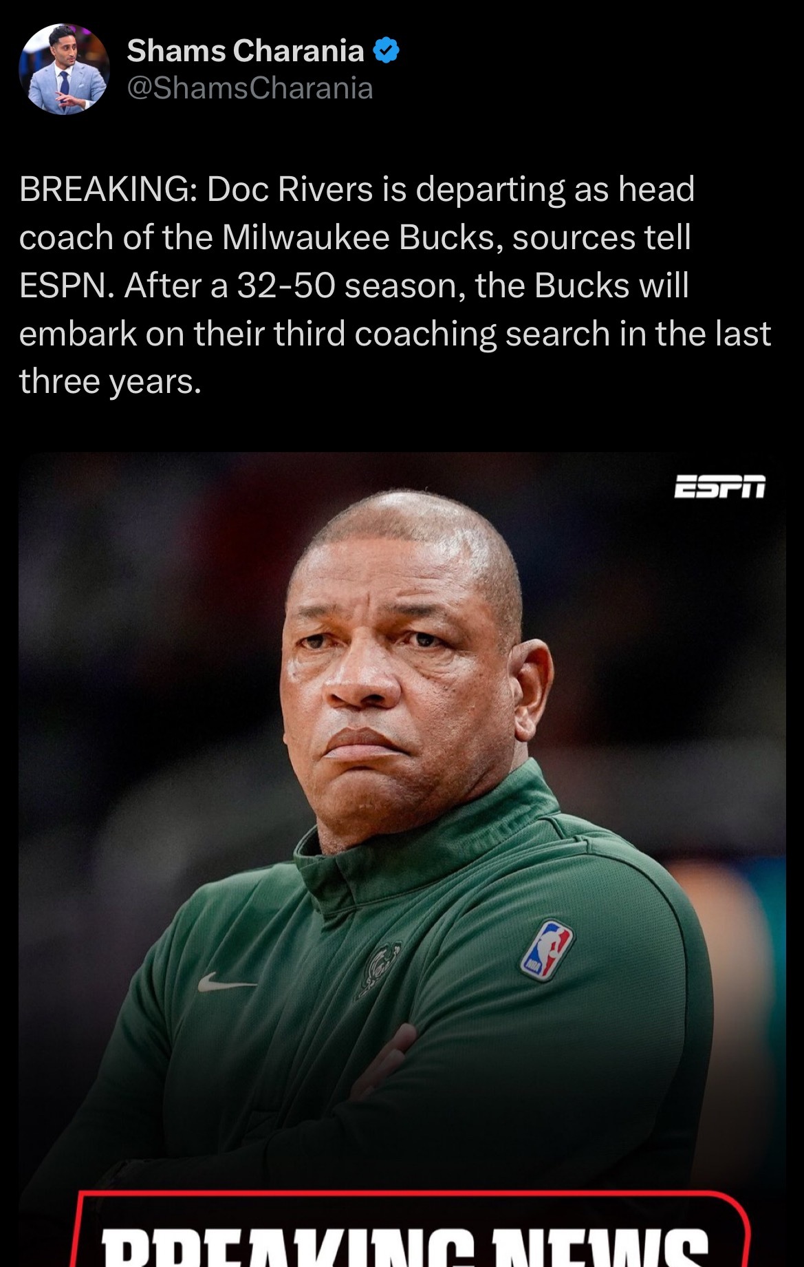 Shams：雄鹿解雇主教练里弗斯。 雄鹿将在2026-27赛季支付里弗斯千万年薪