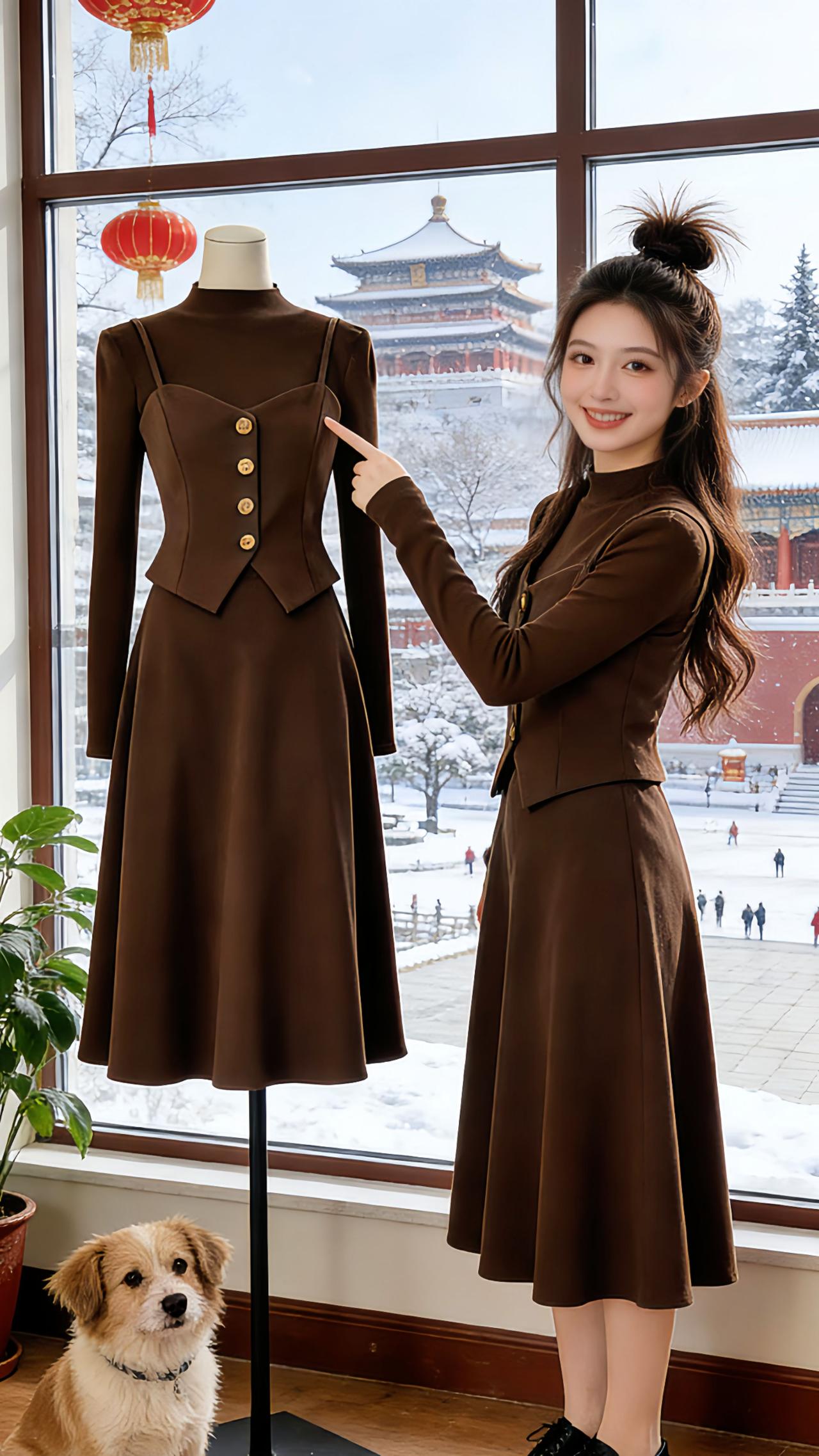 Danny站在挂着红灯笼的中式窗边，指着模特身上的咖色假两件套装，身旁的小狗乖巧