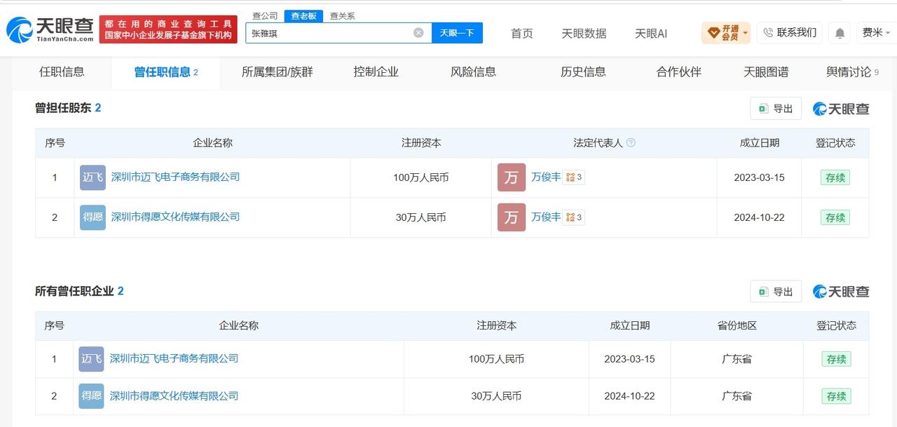 张雅琪万俊丰曾存在商业关联

张雅琪万俊丰曾共同关联2家企业曝张雅琪和万俊丰同行