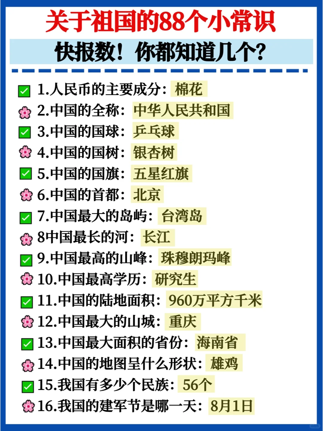 🔥都给你汇总好了✅关于祖国的88个小常识