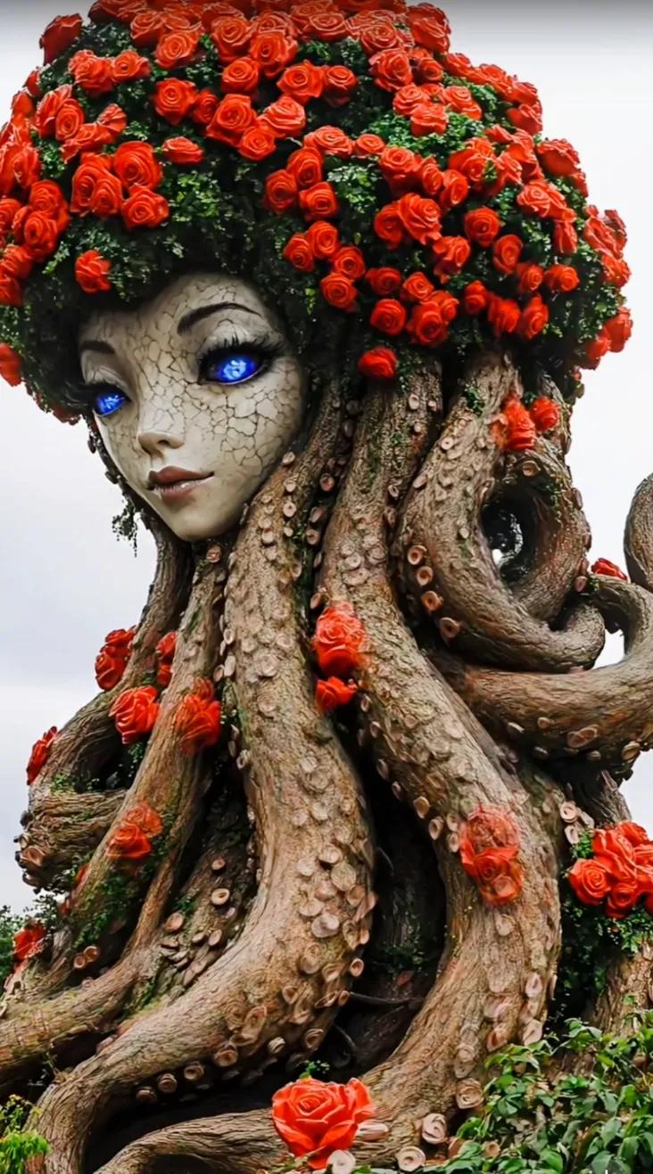 梦幻海洋精灵，玫瑰与树根的奇妙结合，蓝色眼睛惊艳了整个画面！月下的花仙子 美美的