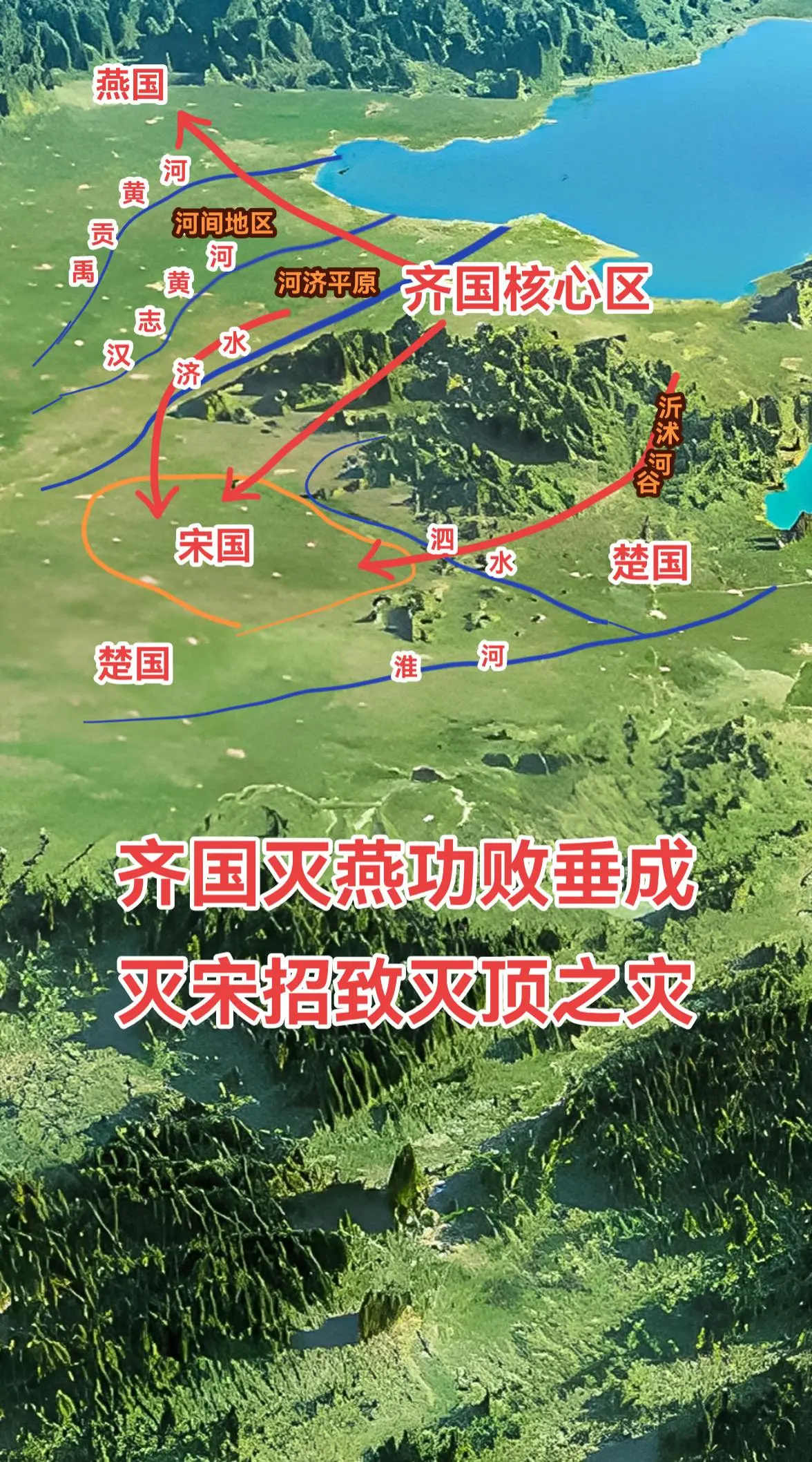 上节说到齐人向河济平原、泗水上游、沂沭河谷扩张，其实这些都不是最佳的策略。齐人扩张最好的机会出现在公元前314年，趁燕国内乱，齐国人仅用了50天时间就占领了燕都蓟城。但国际社会顾虑齐国会做大，向齐国共同施加压力，齐国最终撤出燕国。如果齐国能够顶住压力消化掉燕国，那历史的进程一定可以改变。 
灭不了燕国，同样逻辑也灭不了鲁国，鲁国的存在正是国际社会防止齐国作大的重要保证。鲁国的地理位置，齐国如果想完全吞并鲁国，受到其他诸侯干预的情况甚至要大于他们灭掉燕国。 
吞并不了鲁国，让齐国在相当长的时间内，与中原地区无法直接接触。也使得齐人在大部分时期，以河济平原为主要扩张方向。不过当齐人将防线渗透至大野泽——泗水一线，并取得了沂沭河谷的控制权后，齐国已经能够从南北两线绕过鲁国，直接向中原渗透了。 
如此齐国就可以直接面对宋国了，面对进入中原的诱惑，齐国最终还是出兵灭了宋国，随后引起国际社会反对，引发五国伐齐，把齐国打回了核心区直至灭亡。