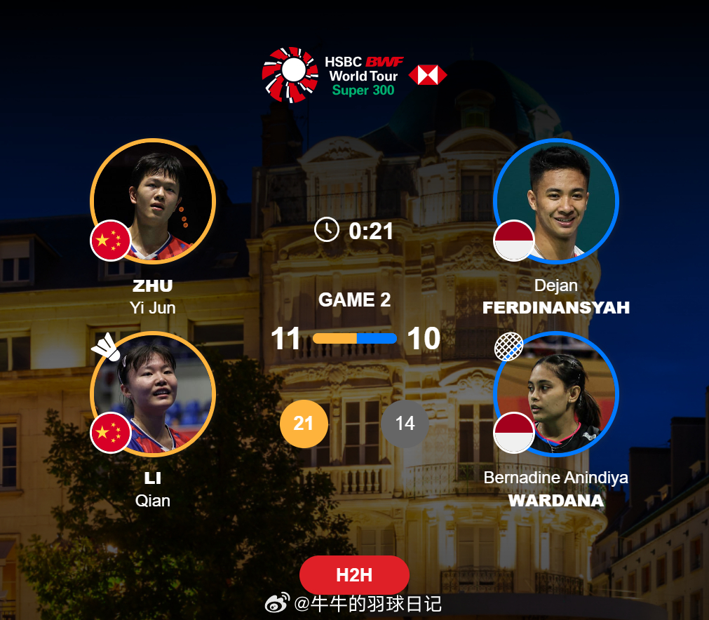 混双 1/8赛 朱一珺/李茜 21-14 11-10 德扬/伯纳丁2026年奥尔