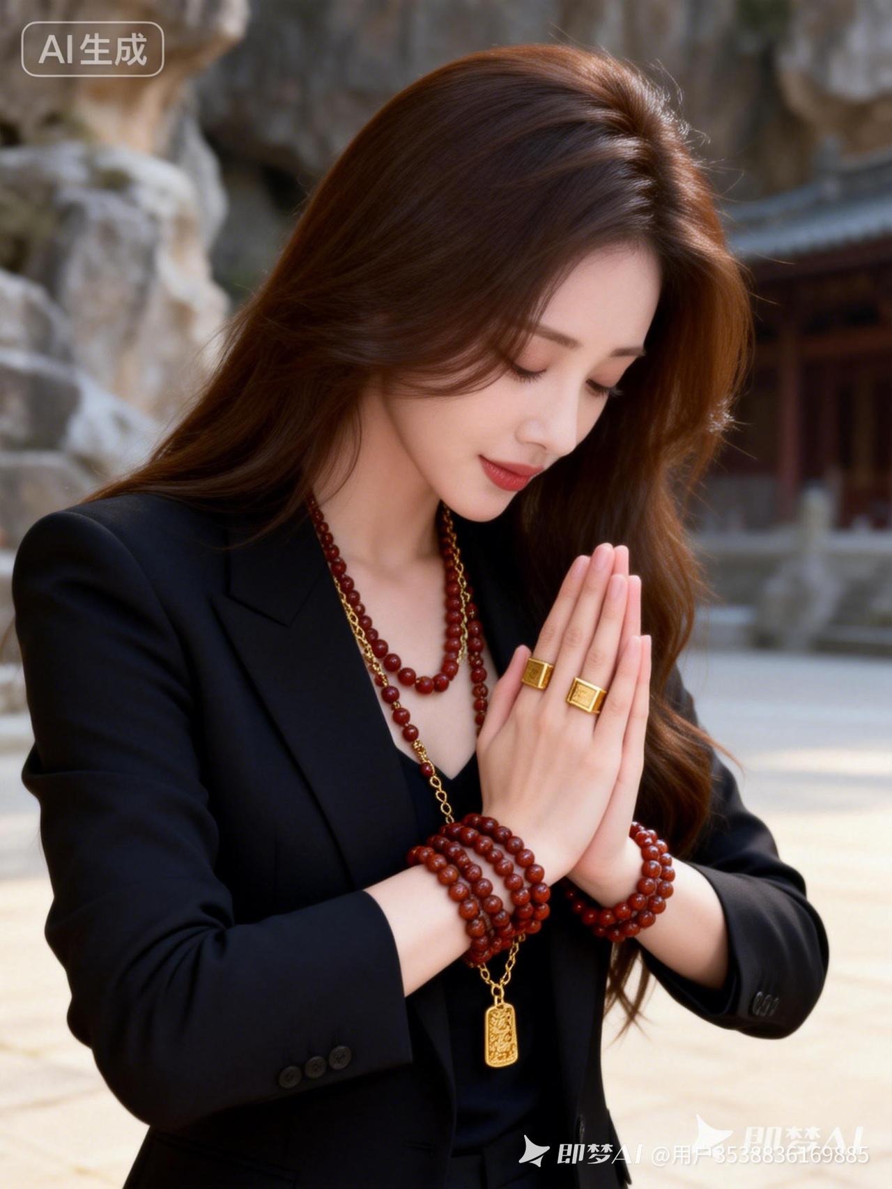 黑衣修身肃穆虔诚，叠戴棕金手串戒链配饰精致。古寺庭院侧光漫落，低调低饱和暗调胶片