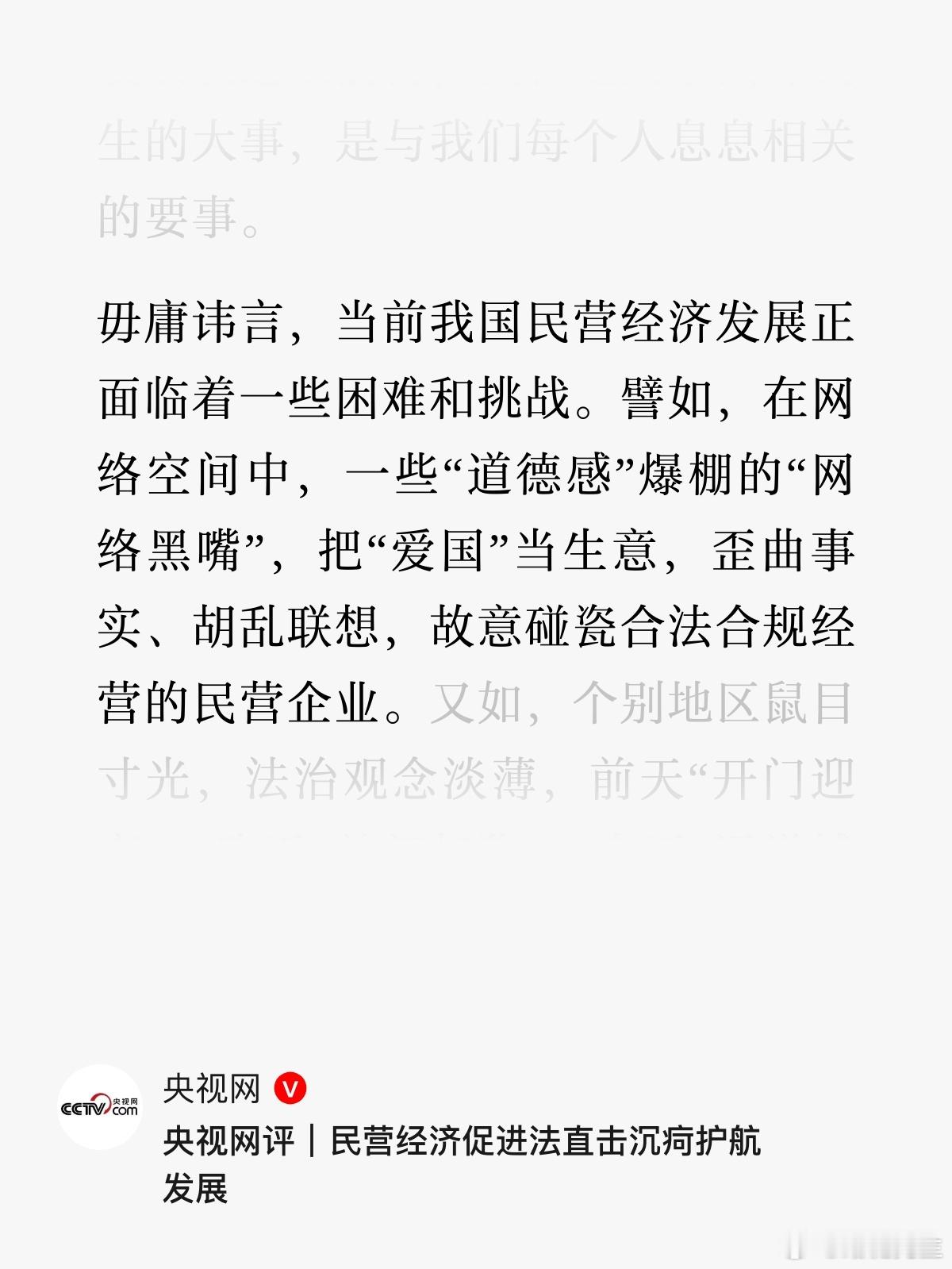 “毋庸讳言，当前我国民营经济发展正面临着一些困难和挑战。譬如，在网络空间中，一些