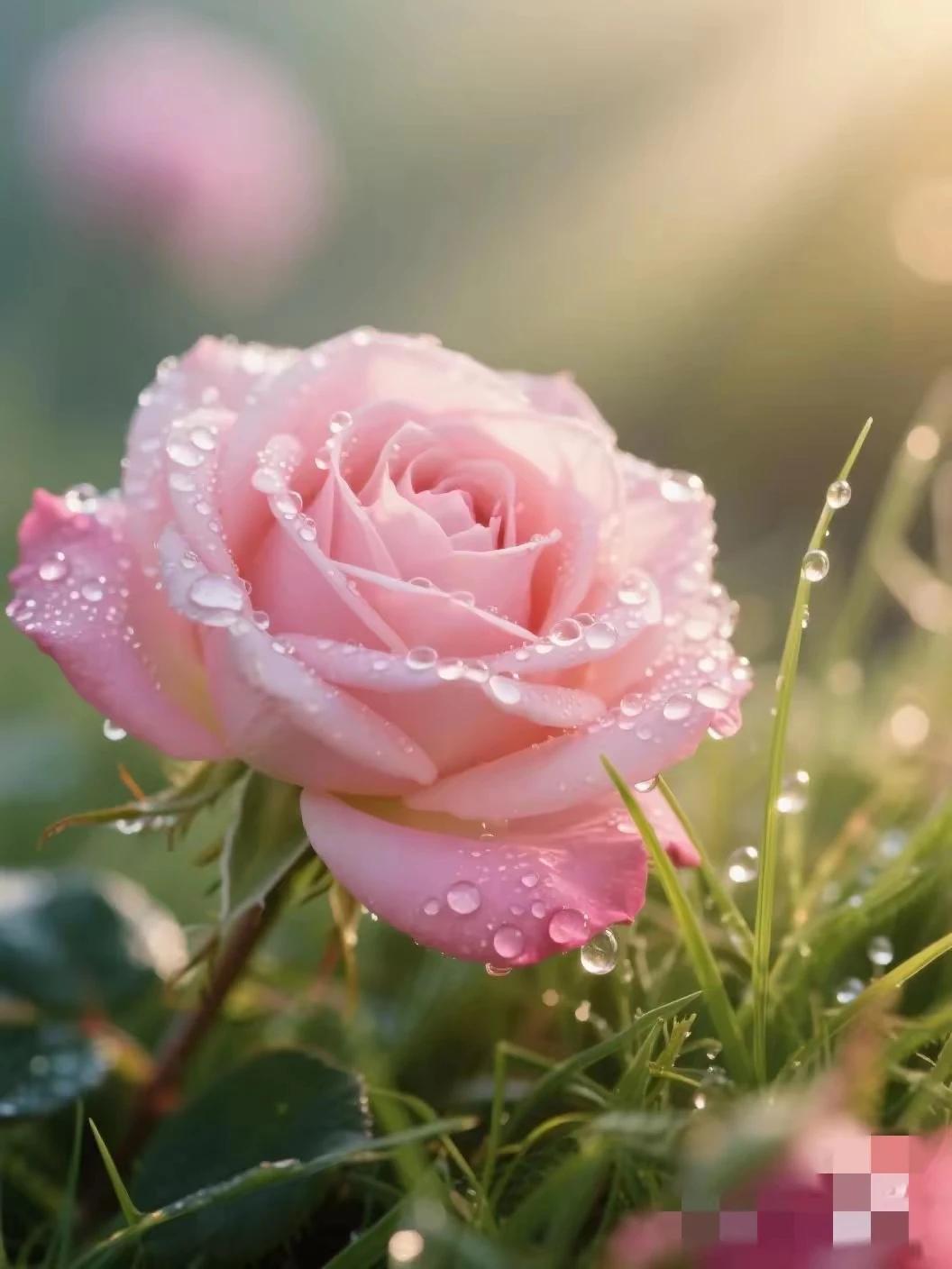 上联：晓露无心吻繁花
下联：晨曦有情抚珍珠