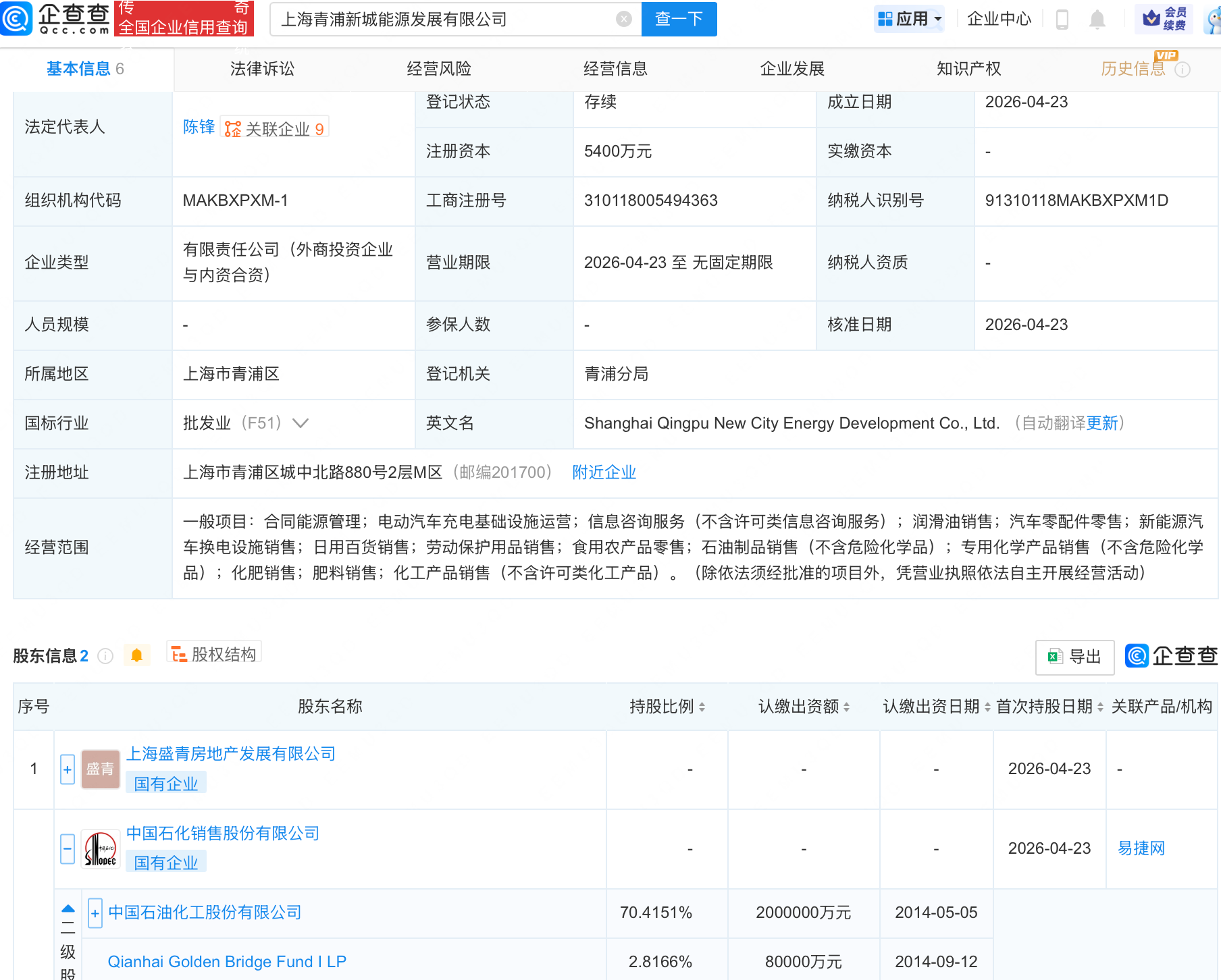 中国石化等在上海成立能源发展新公司