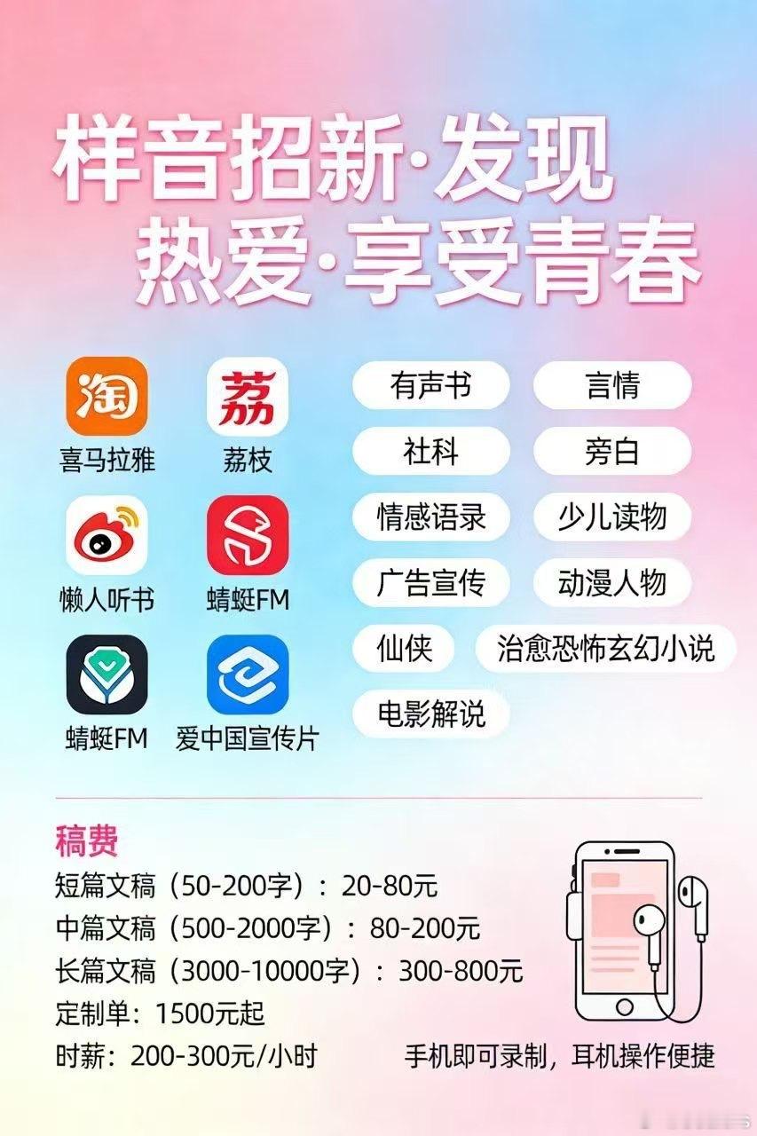 社群伙伴发来一张“配音兼职招募”的海报，问我靠不靠谱。我点开一看，海报上列了六个