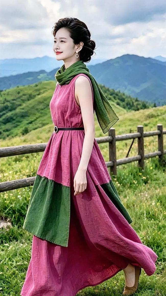山野清风漫过山峦，紫红色亚麻长裙撞色墨绿裙摆，同色系丝巾轻轻搭在肩头。简约黑腰带