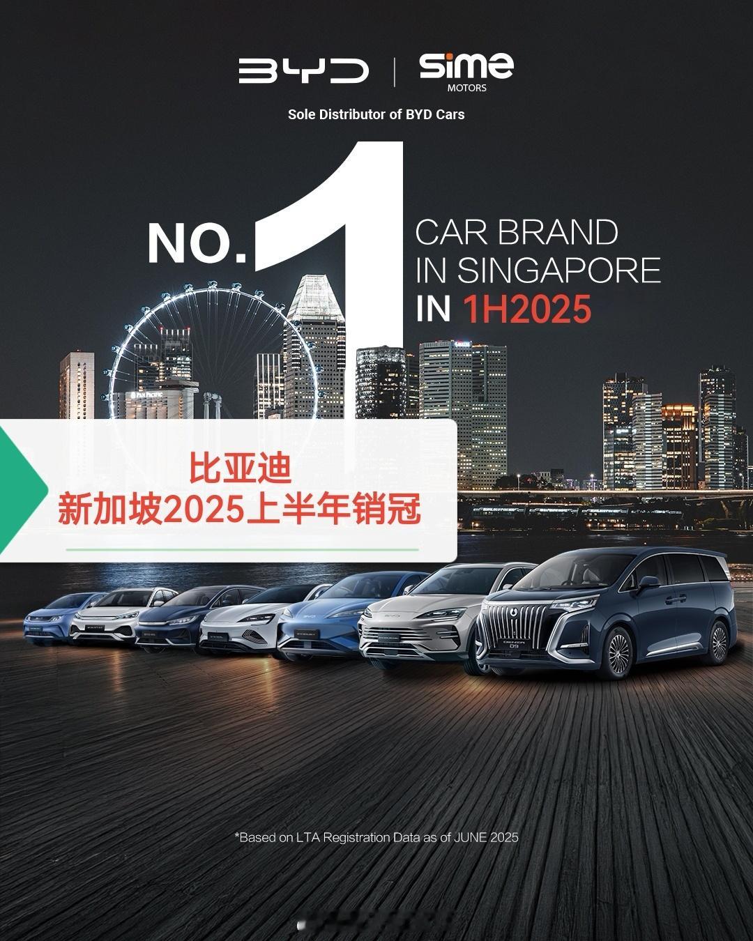 新加坡1H2025 双冠比亚迪品牌销冠 & 海狮07 EV 全品类车型销冠接棒2