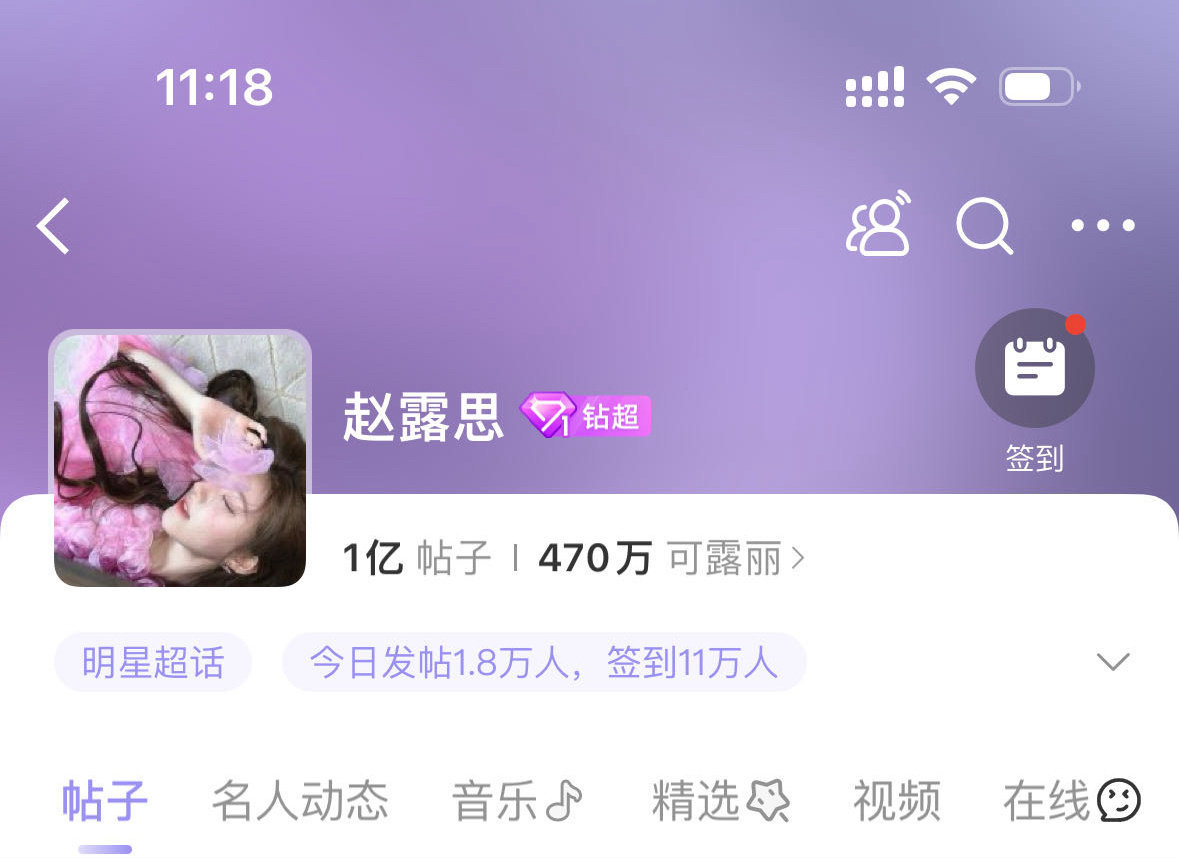 赵露思超话帖子突破1亿 刚刚赵露思超话帖子突破一亿，恭喜🎉 ​​​