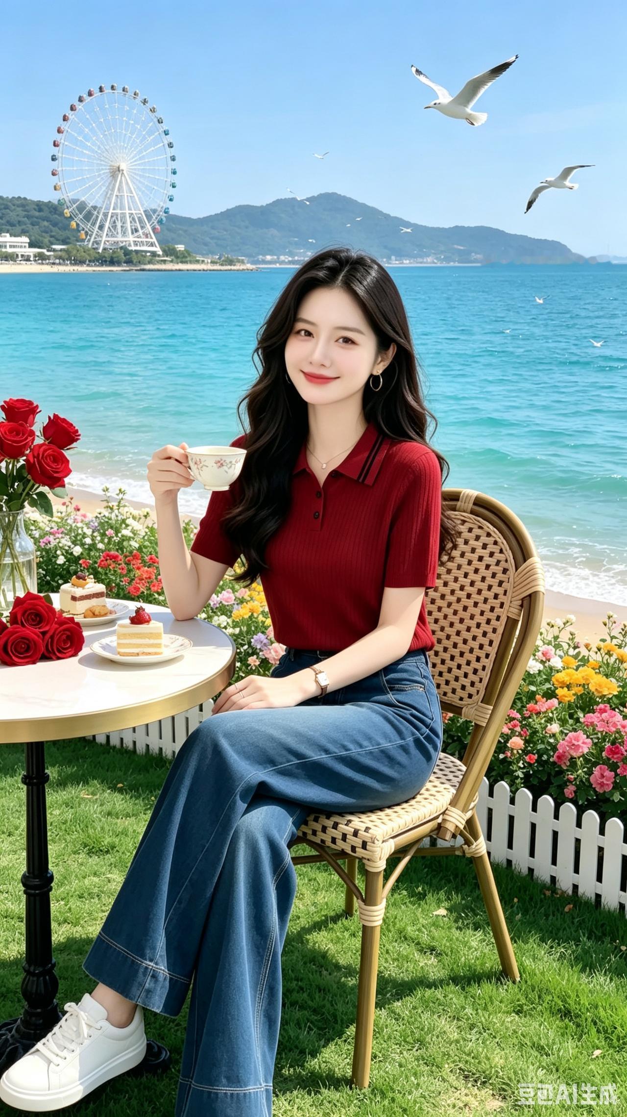 海畔闲茶
晴光漫洒海之滨，
翠径萦篱自在巡。
红袂轻彰冰玉质，
墨笺柔发映笑颦。