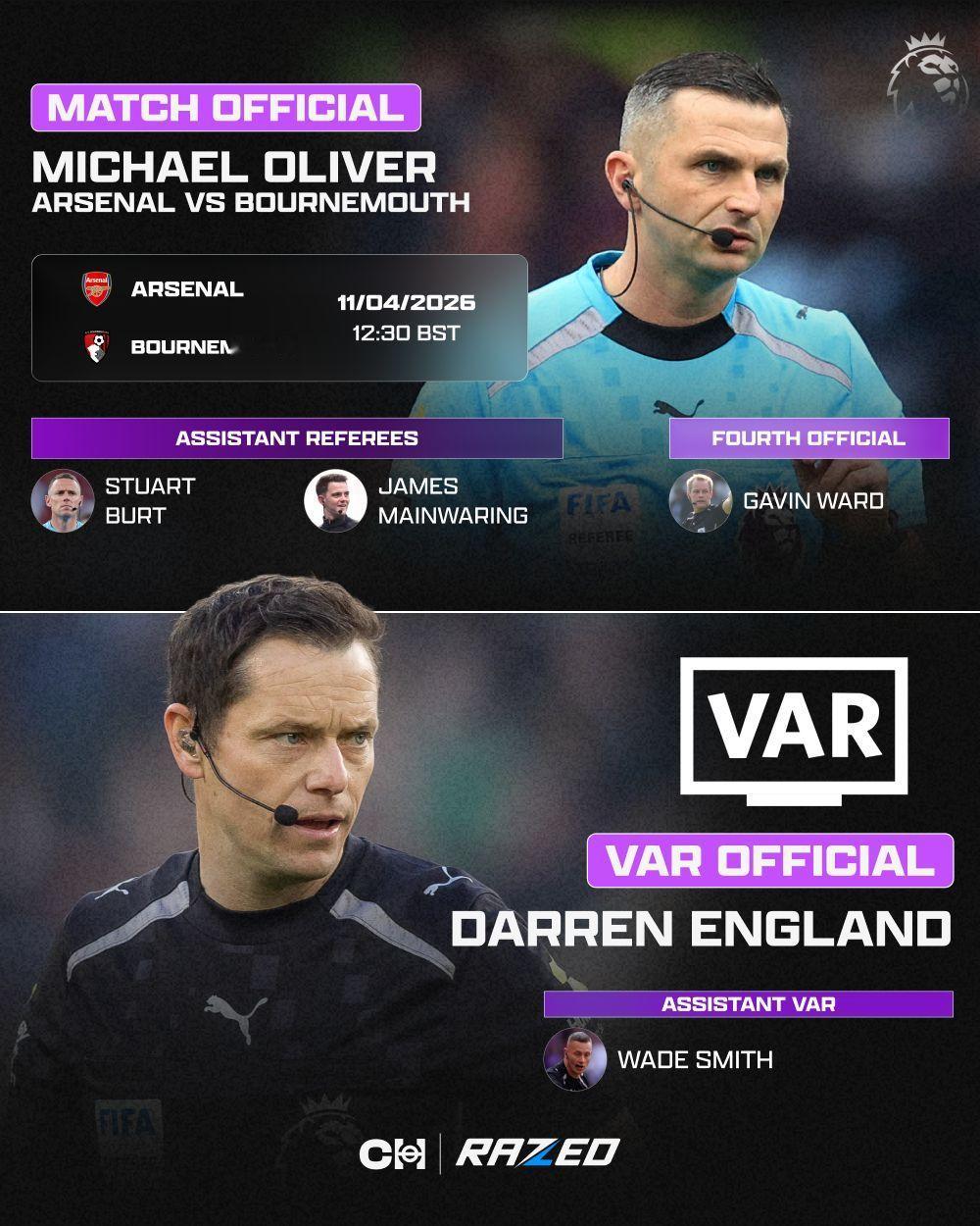 奥利弗将执法阿森纳vs伯恩茅斯 的比赛！英超联赛 阿森纳