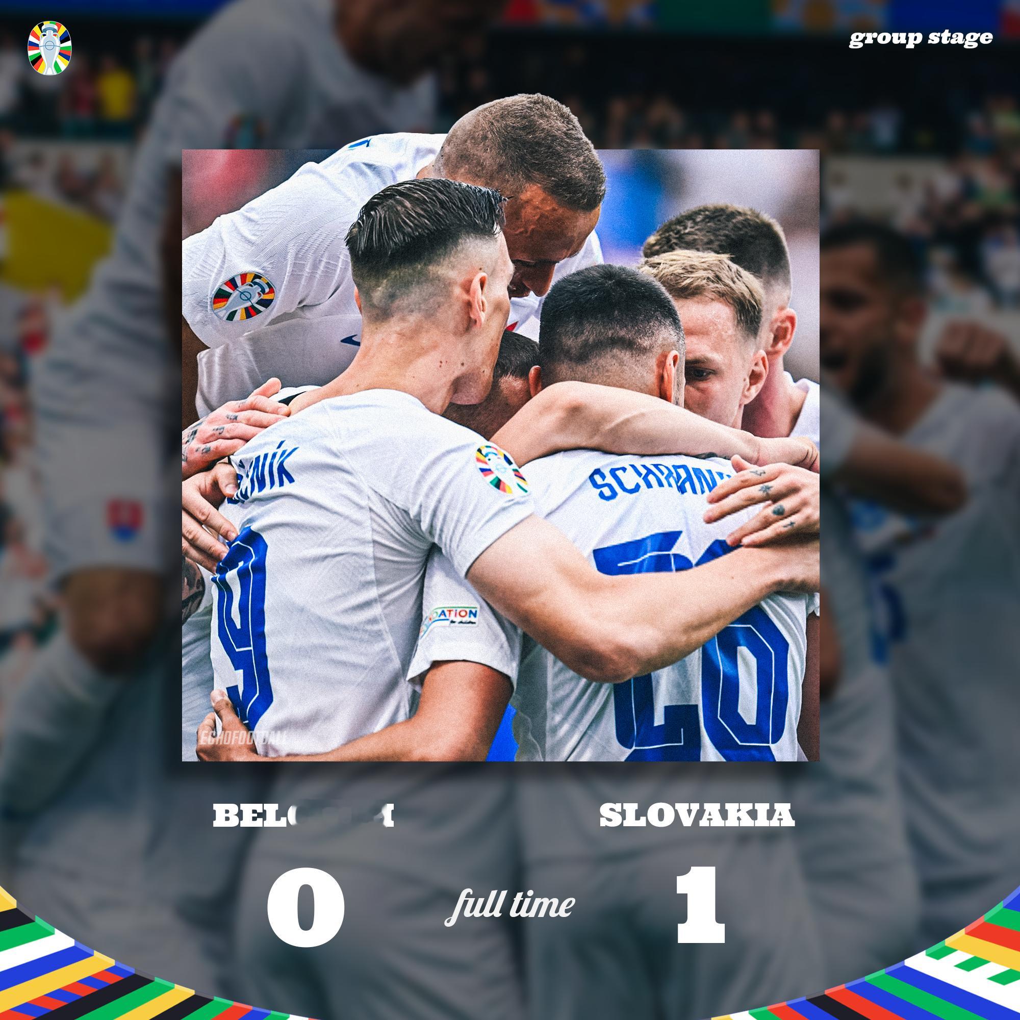 FT | 比利时 0-1 斯洛伐克斯洛伐克最终守住一球优势，战胜欧洲红魔比利时。