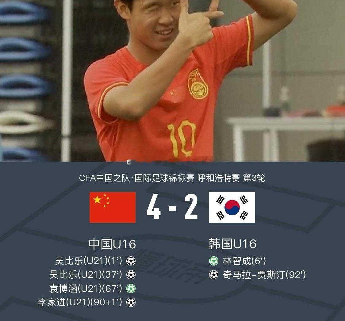 U16国少4-2韩国U16夺邀请赛冠军，吴比乐双响，袁博涵2传1射u16国少夺冠