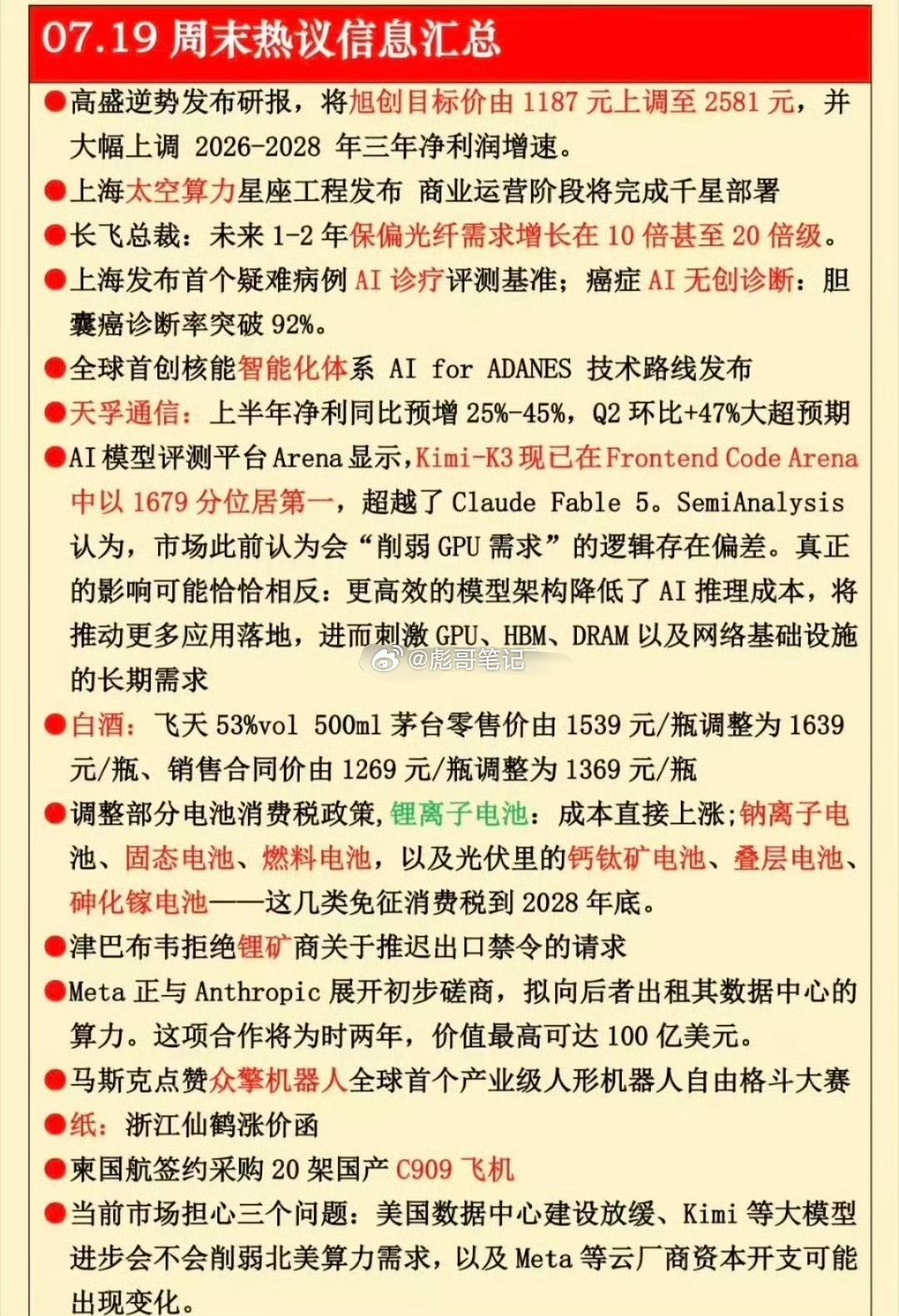 7.20周一开盘前瞻！周末八大重磅财经热点全梳理，全天行情主线全在这！1、太空算