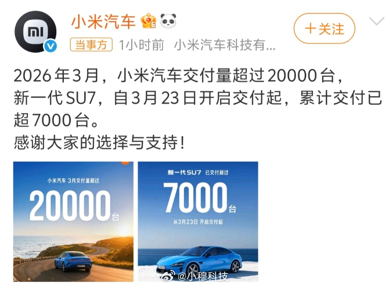 小米汽车3月交付超20000辆，其中新一代SU7超7000辆，卖的太好了