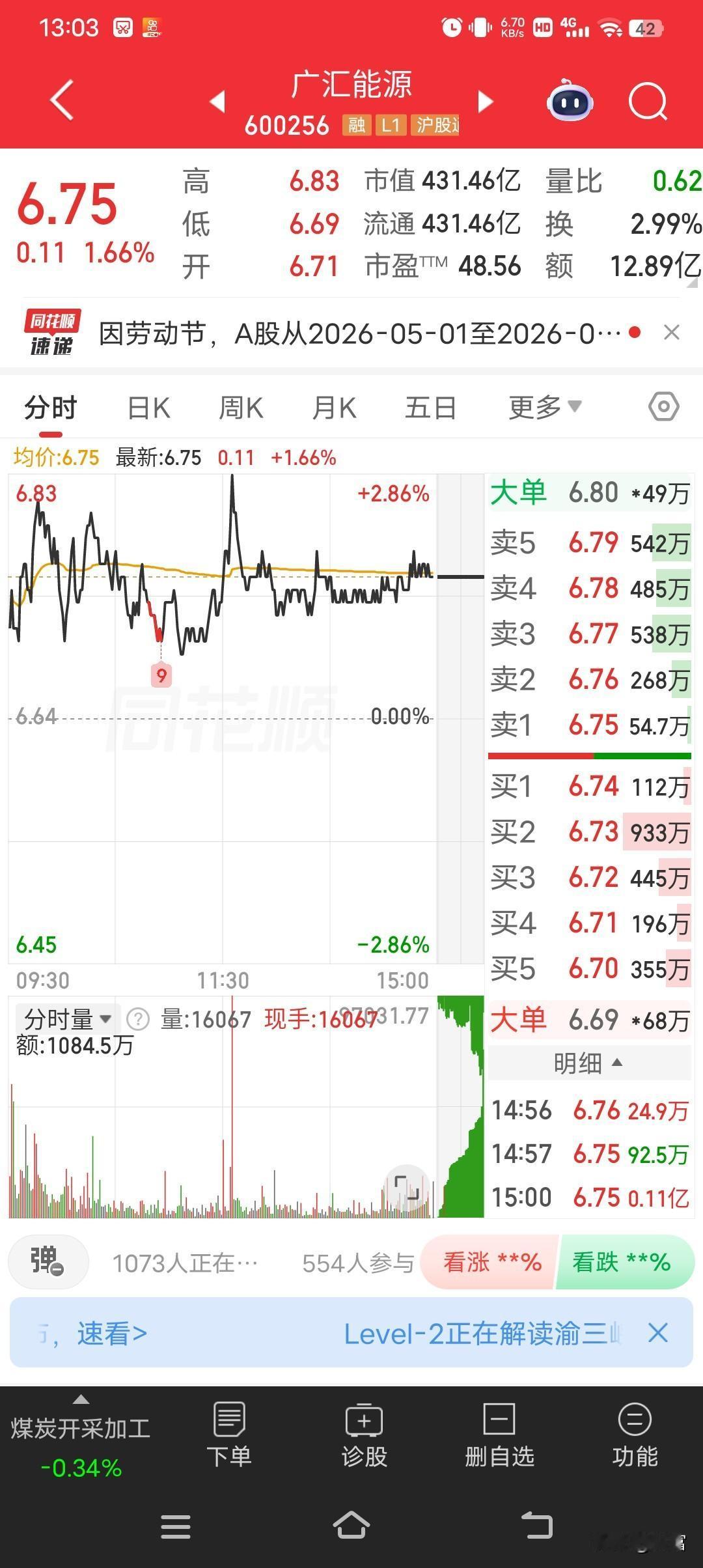 广汇能源这走势确实还行，最新价6.75，涨了1.66%呢。它可是国内能源行业核心